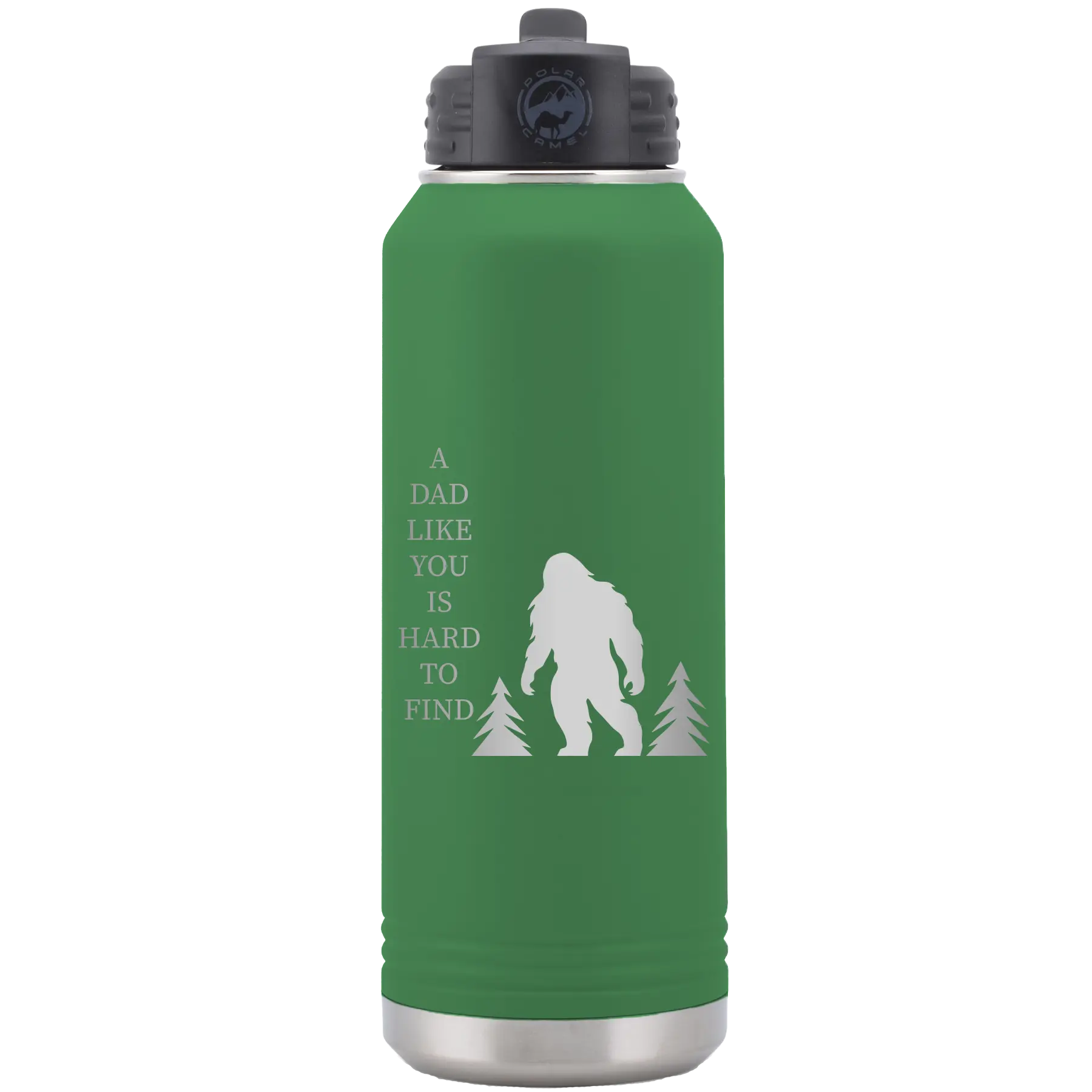 Laser etched green 32 oz vacuum insulated water bottle with 'Bigfoot' design
