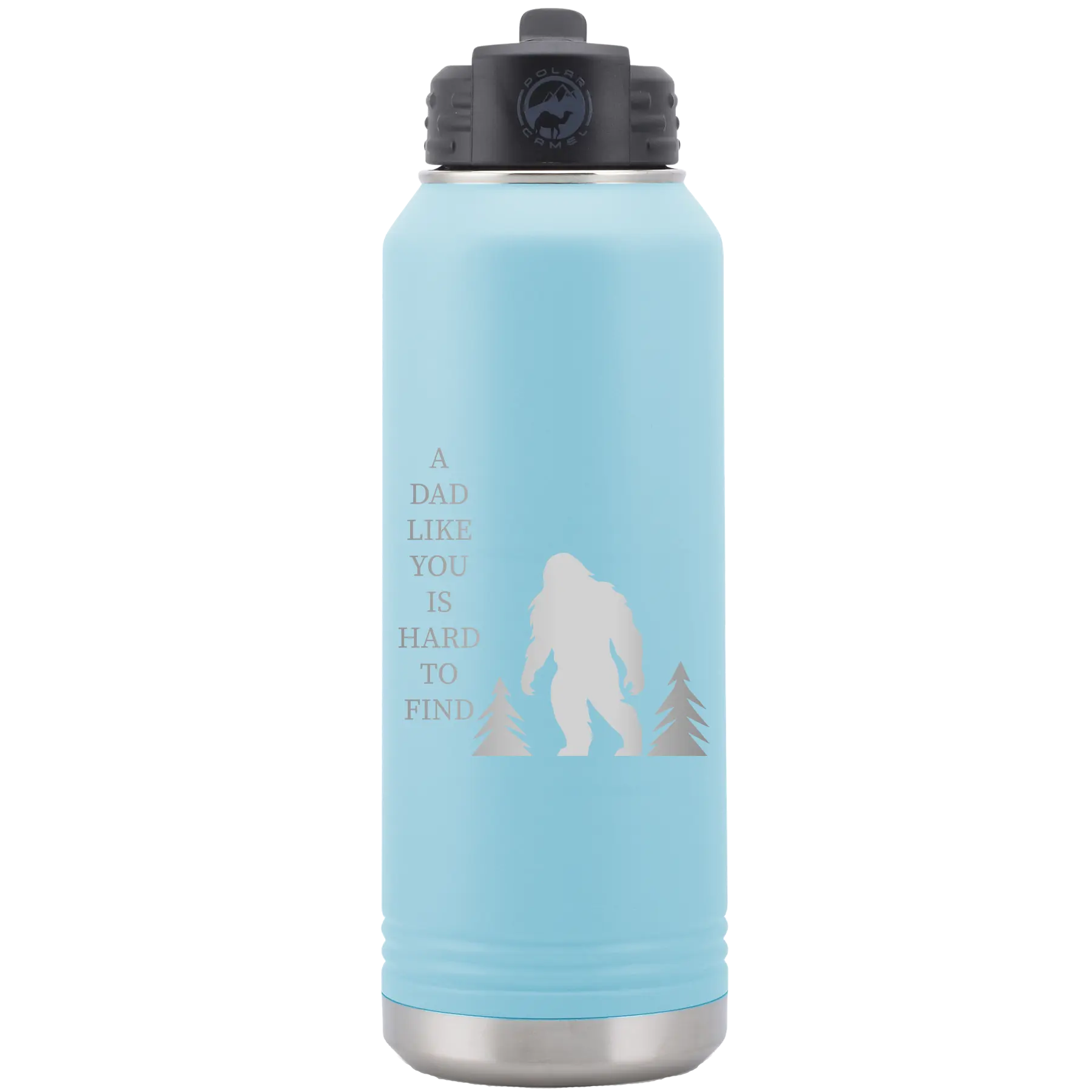 Laser etched light blue 32 oz vacuum insulated water bottle with 'Bigfoot' design