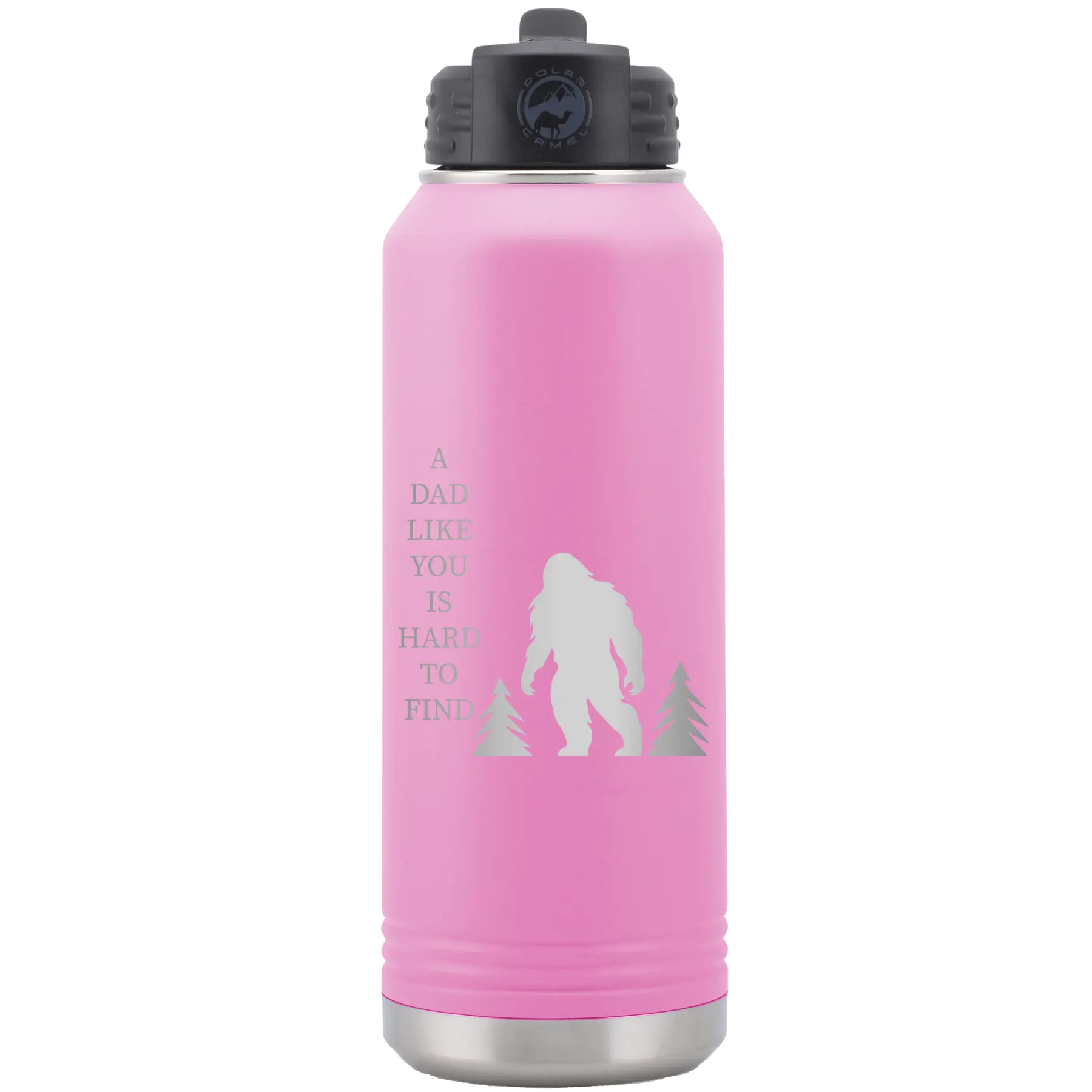Laser etched light purple 32 oz vacuum insulated water bottle with 'Bigfoot' design