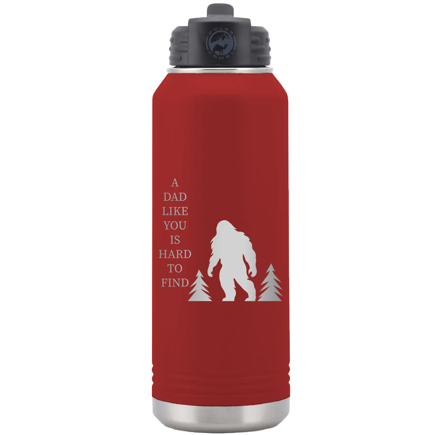 Laser etched maroon 32 oz vacuum insulated water bottle with 'Bigfoot' design