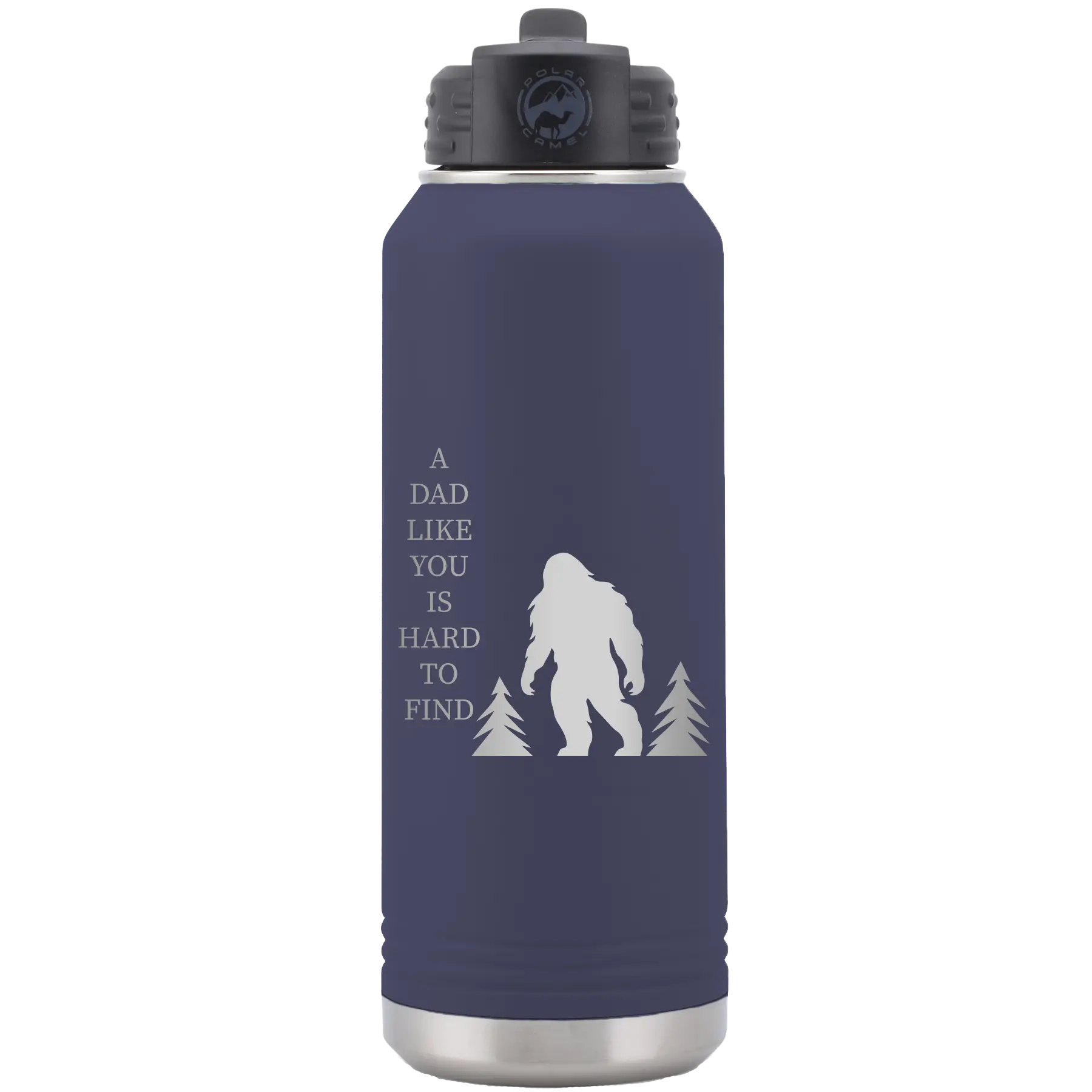 Laser etched navy 32 oz vacuum insulated water bottle with 'Bigfoot' design