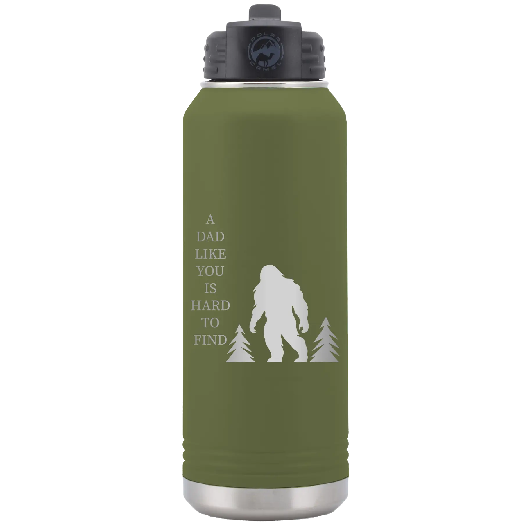 Laser etched olive green 32 oz vacuum insulated water bottle with 'Bigfoot' design