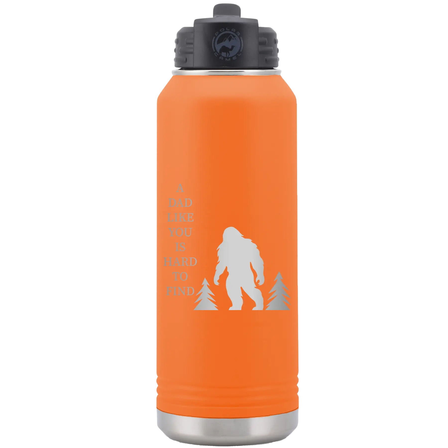 Laser etched orange 32 oz vacuum insulated water bottle with 'Bigfoot' design
