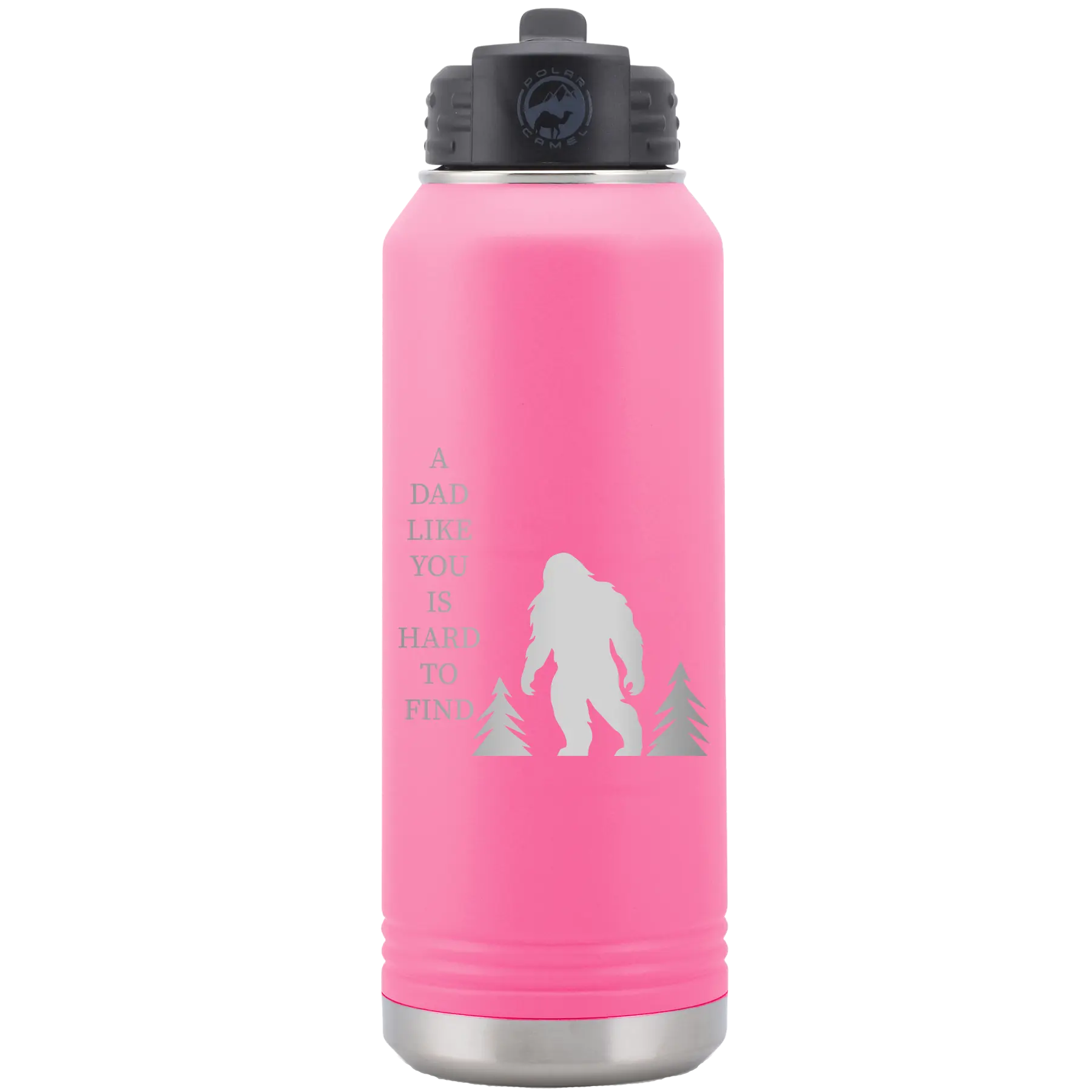 Laser etched pink 32 oz vacuum insulated water bottle with 'Bigfoot' design