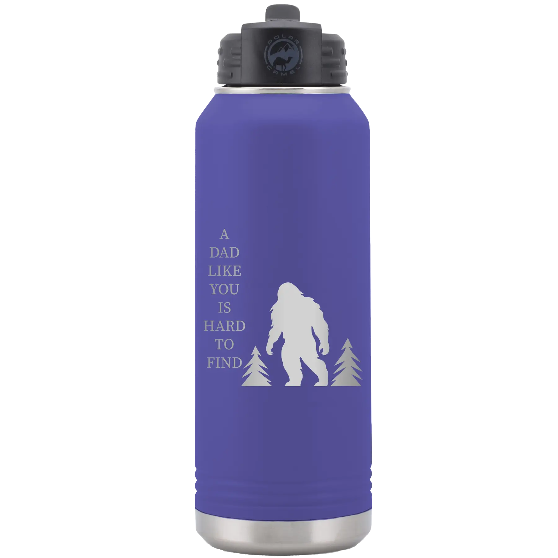 Laser etched purple 32 oz vacuum insulated water bottle with 'Bigfoot' design