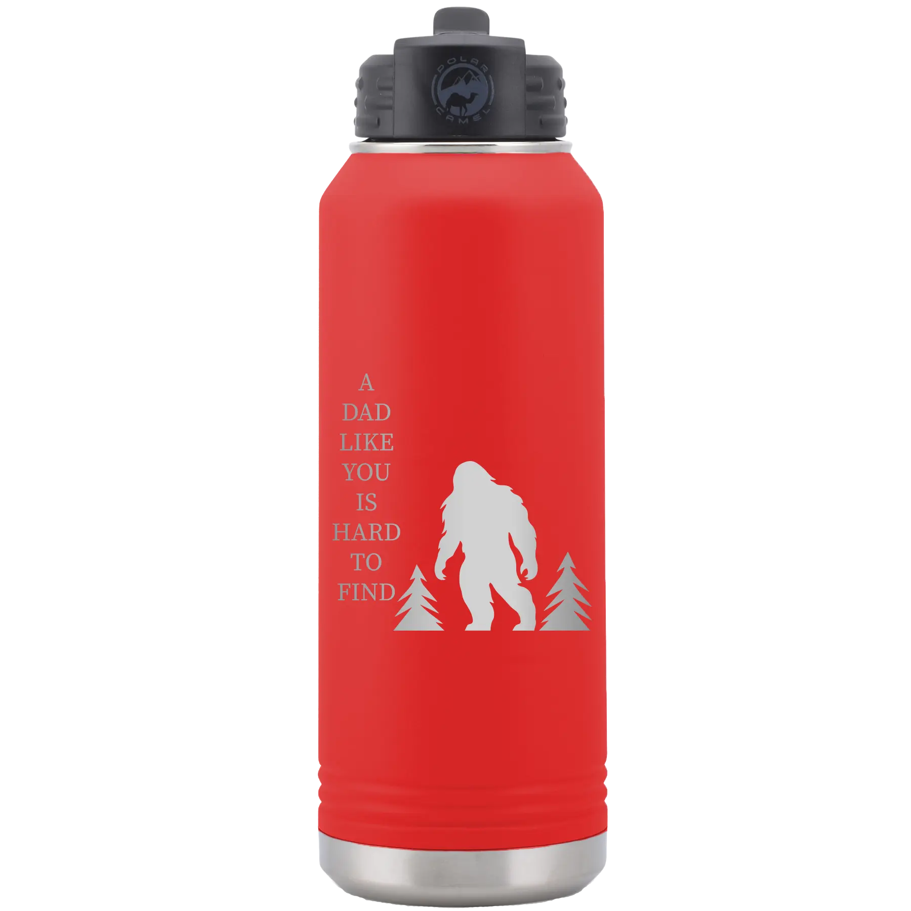 Laser etched red 32 oz vacuum insulated water bottle with 'Bigfoot' design