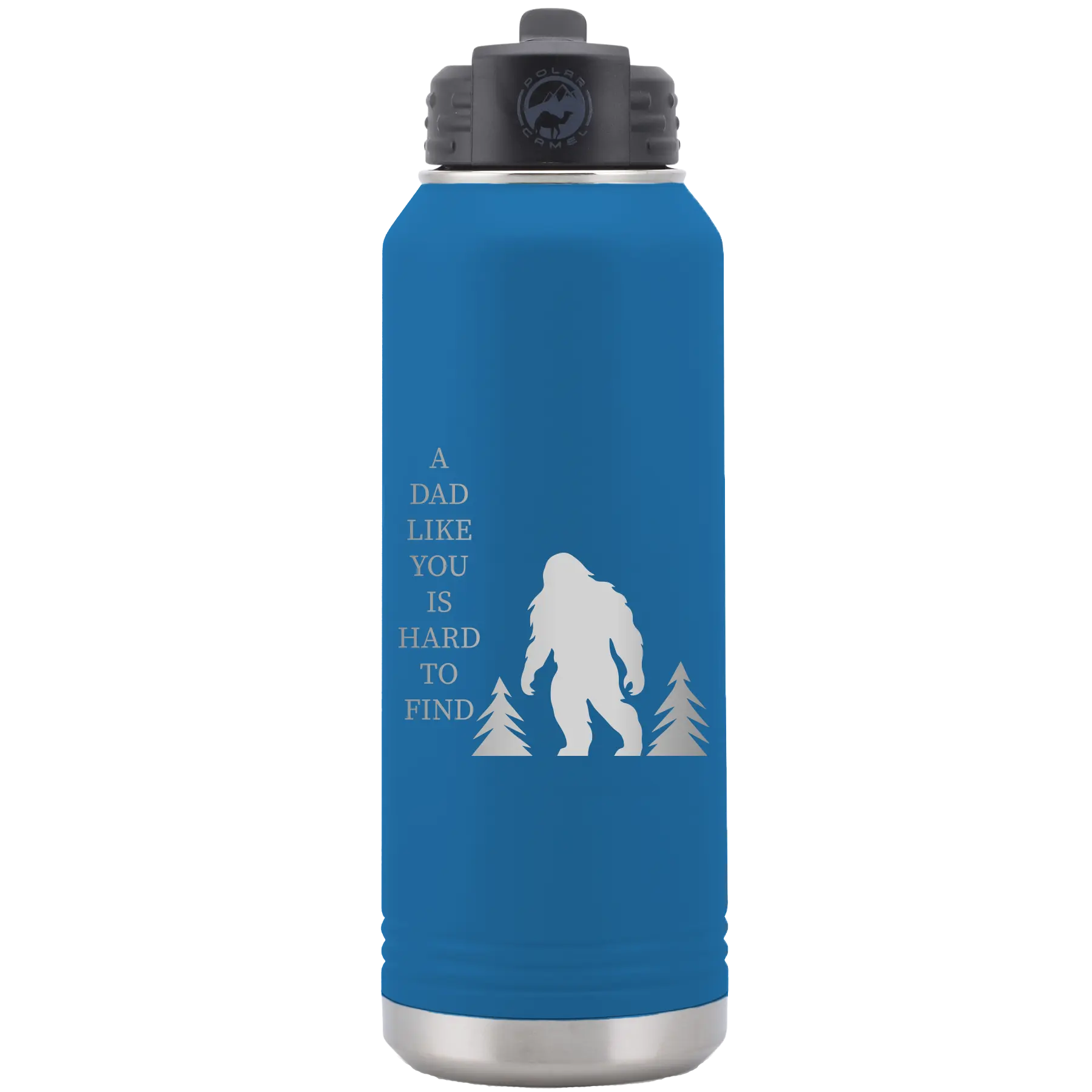 Laser etched royal blue 32 oz vacuum insulated water bottle with 'Bigfoot' design