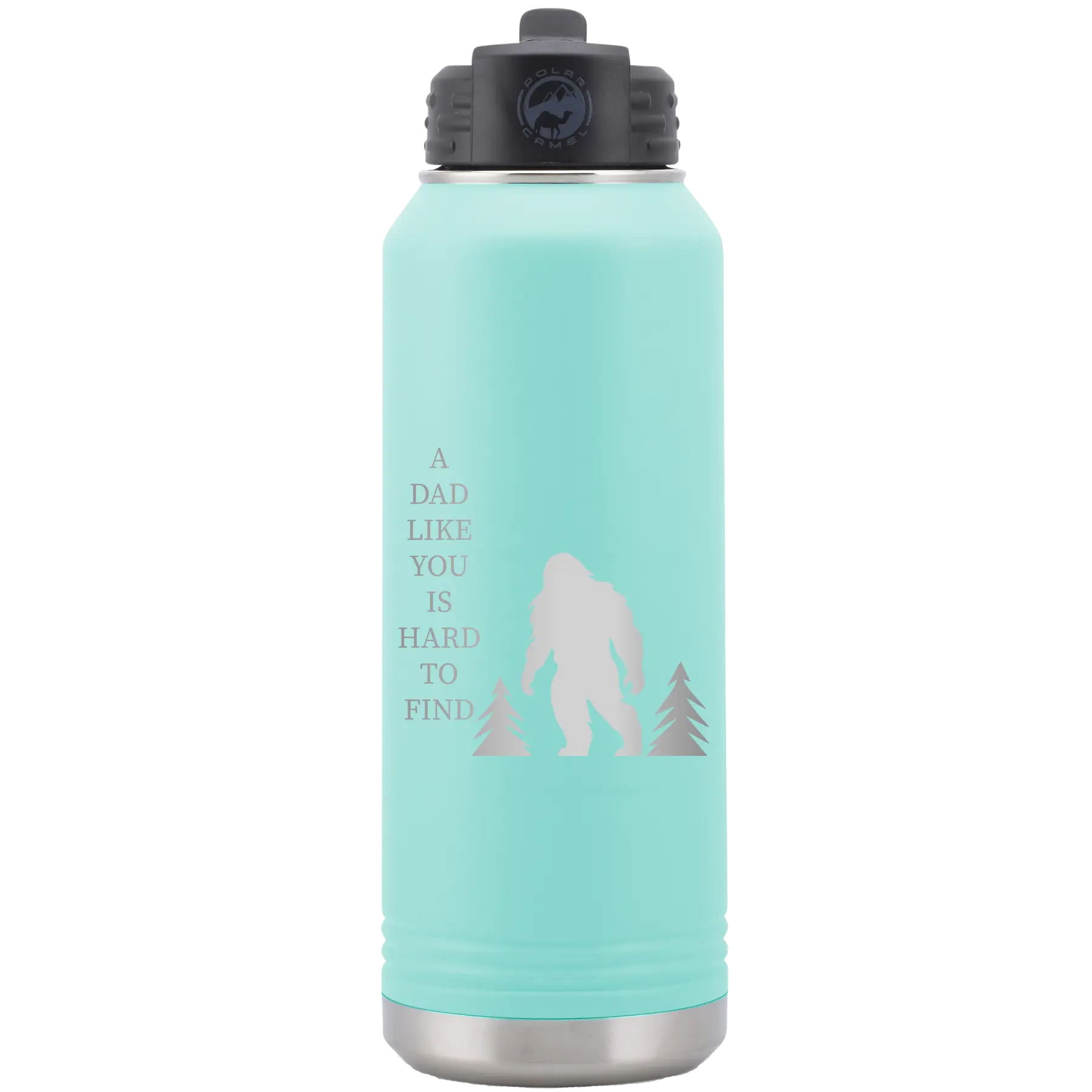 Laser etched teal 32 oz vacuum insulated water bottle with 'Bigfoot' design