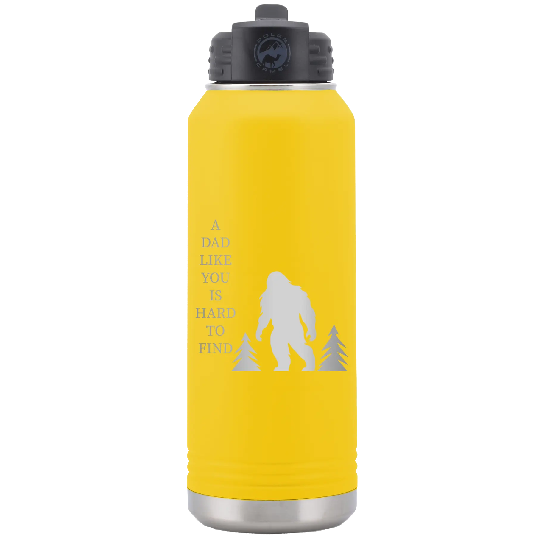 Laser etched yellow 32 oz vacuum insulated water bottle with 'Bigfoot' design