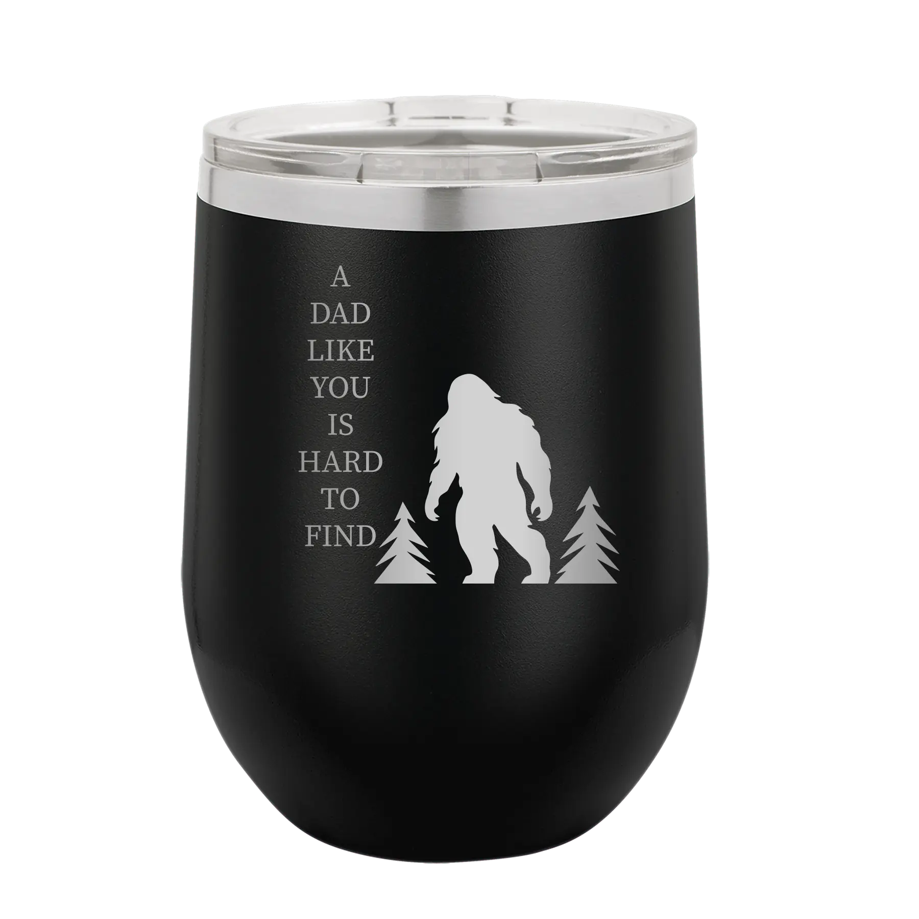 Personalized black 12 oz vacuum insulated wine cup with etched 'Bigfoot' design