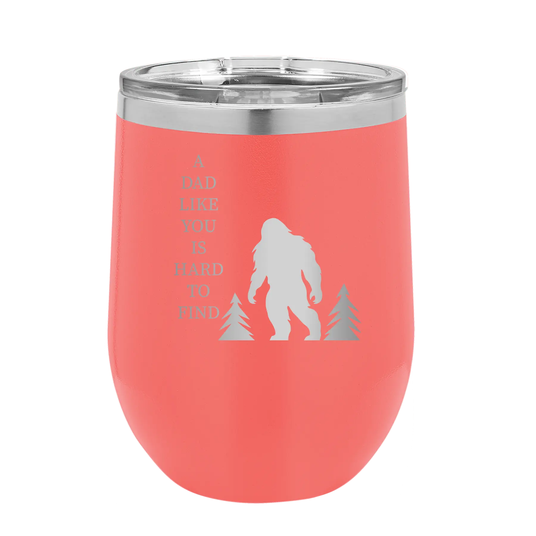 Personalized coral 12 oz vacuum insulated wine cup with etched 'Bigfoot' design