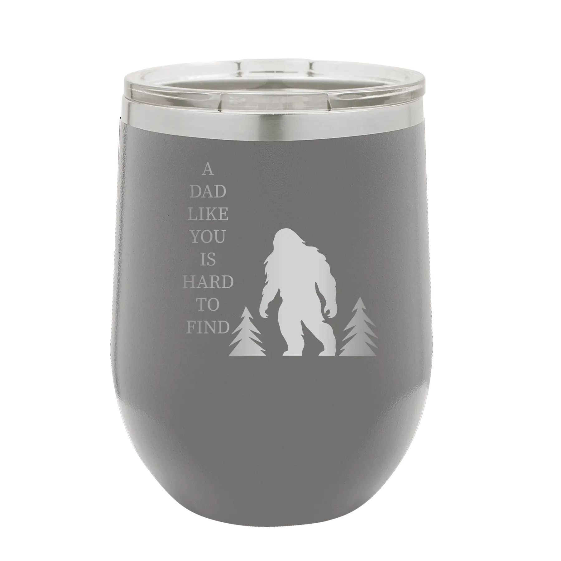 Personalized dark gray 12 oz vacuum insulated wine cup with etched 'Bigfoot' design