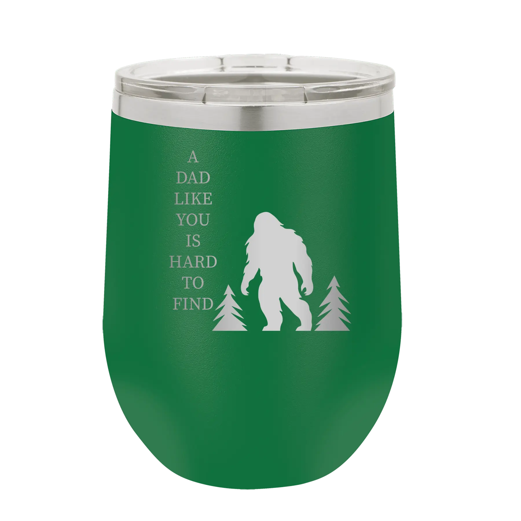Personalized green 12 oz vacuum insulated wine cup with etched 'Bigfoot' design