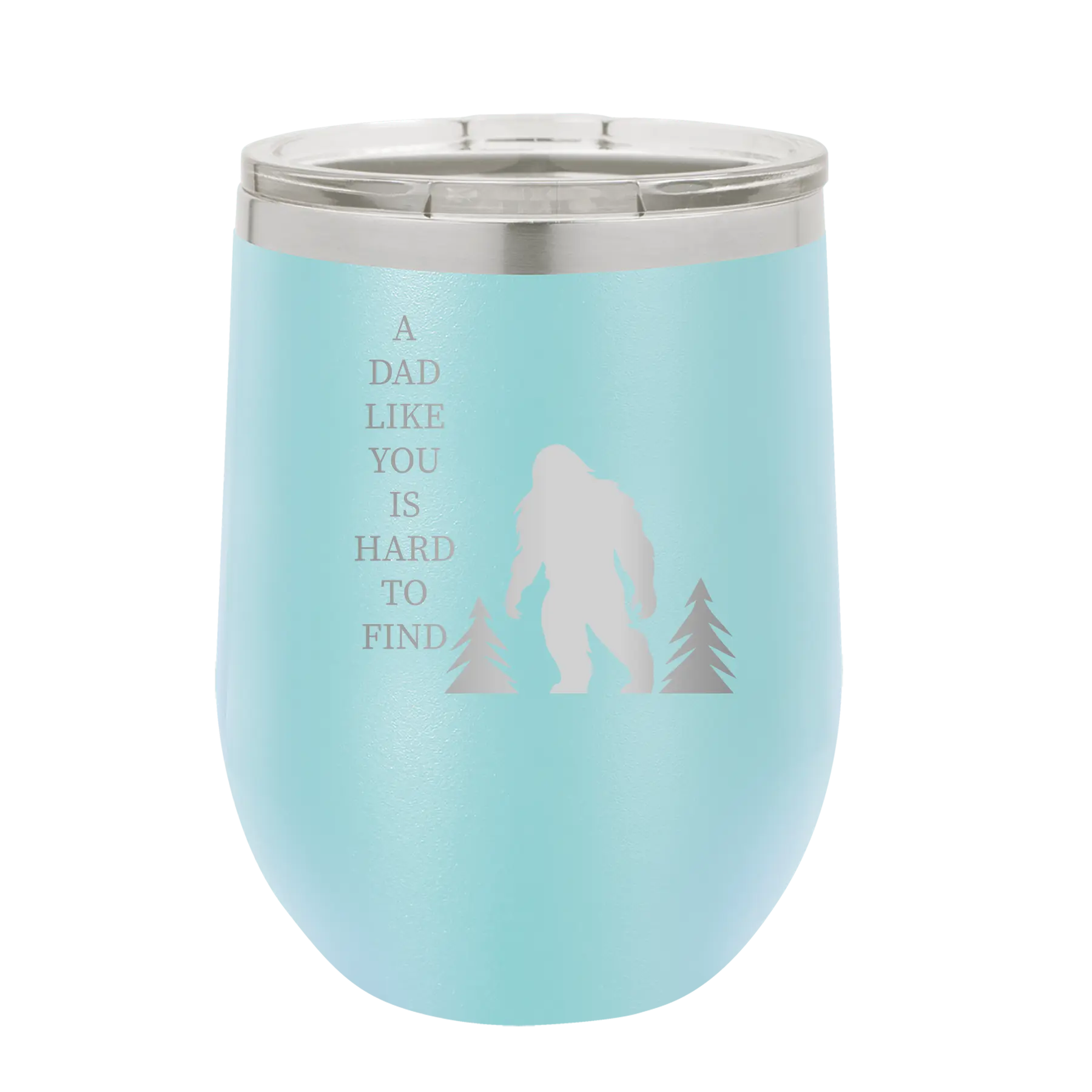 Personalized light blue 12 oz vacuum insulated wine cup with etched 'Bigfoot' design