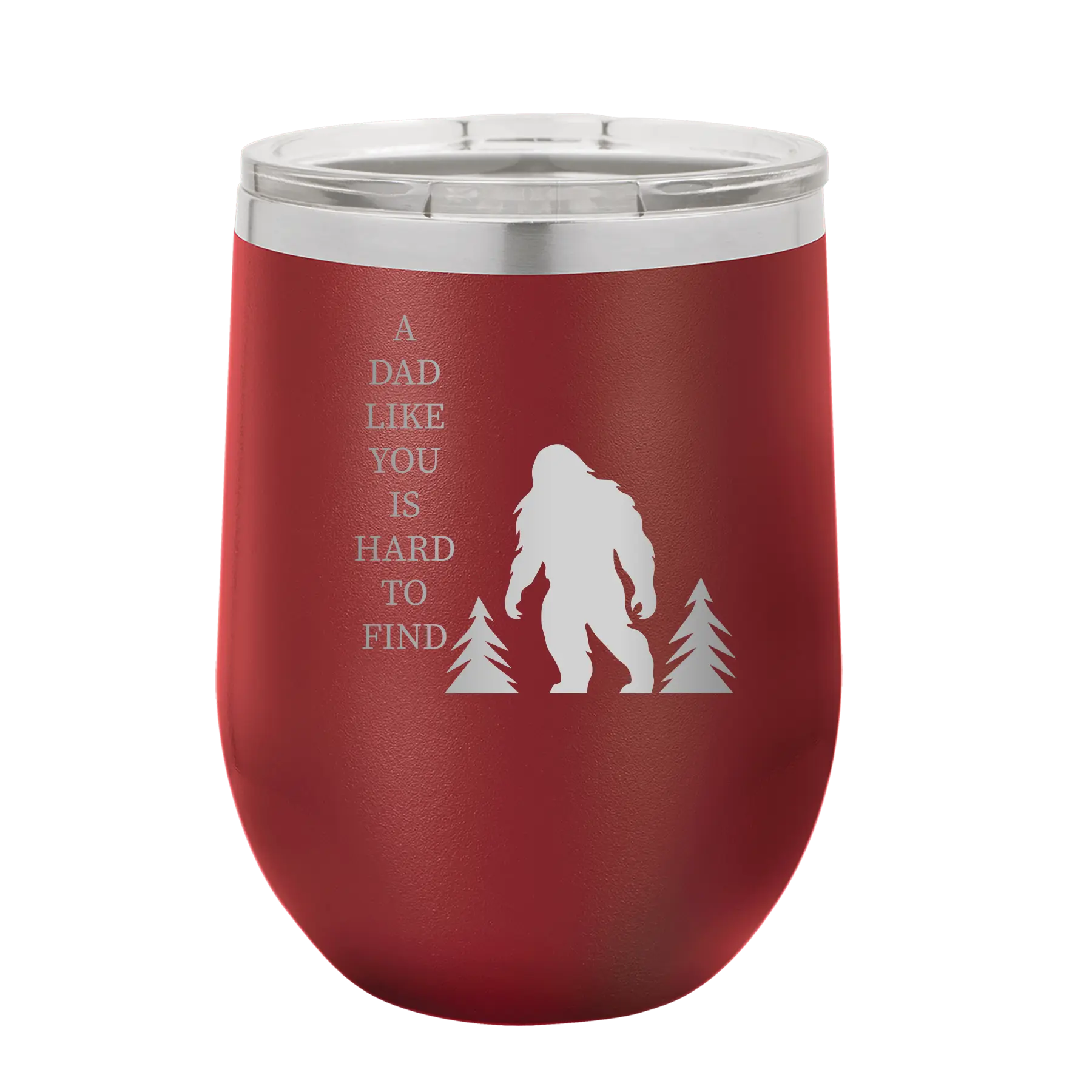 Personalized maroon 12 oz vacuum insulated wine cup with etched 'Bigfoot' design