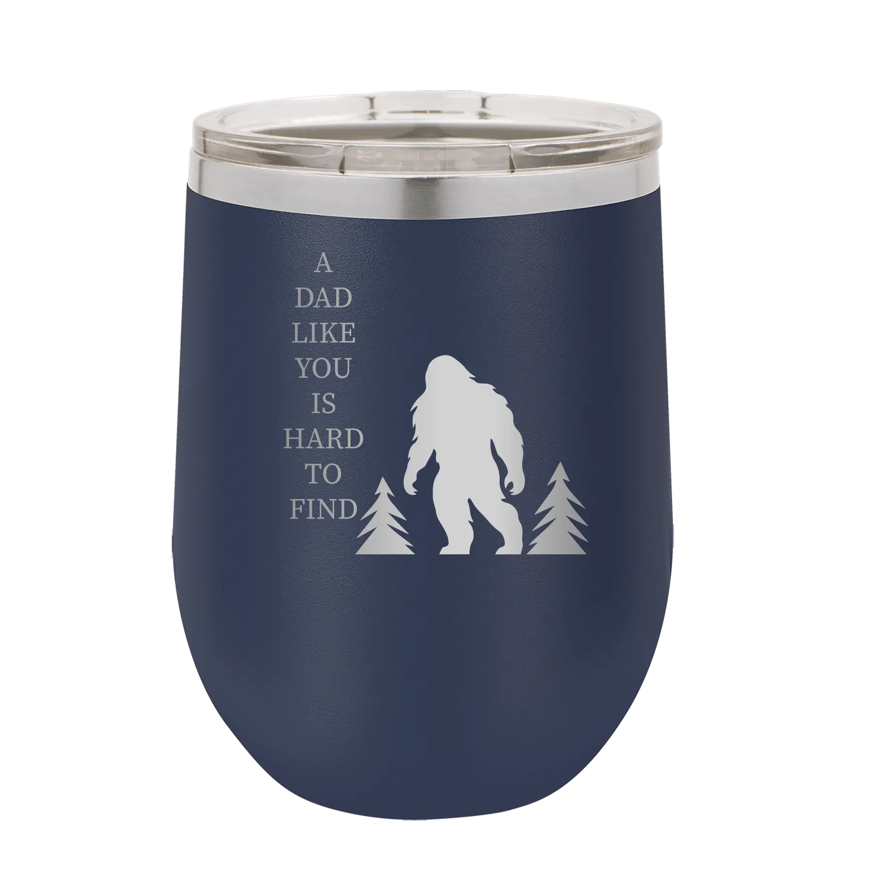 Personalized navy 12 oz vacuum insulated wine cup with etched 'Bigfoot' design