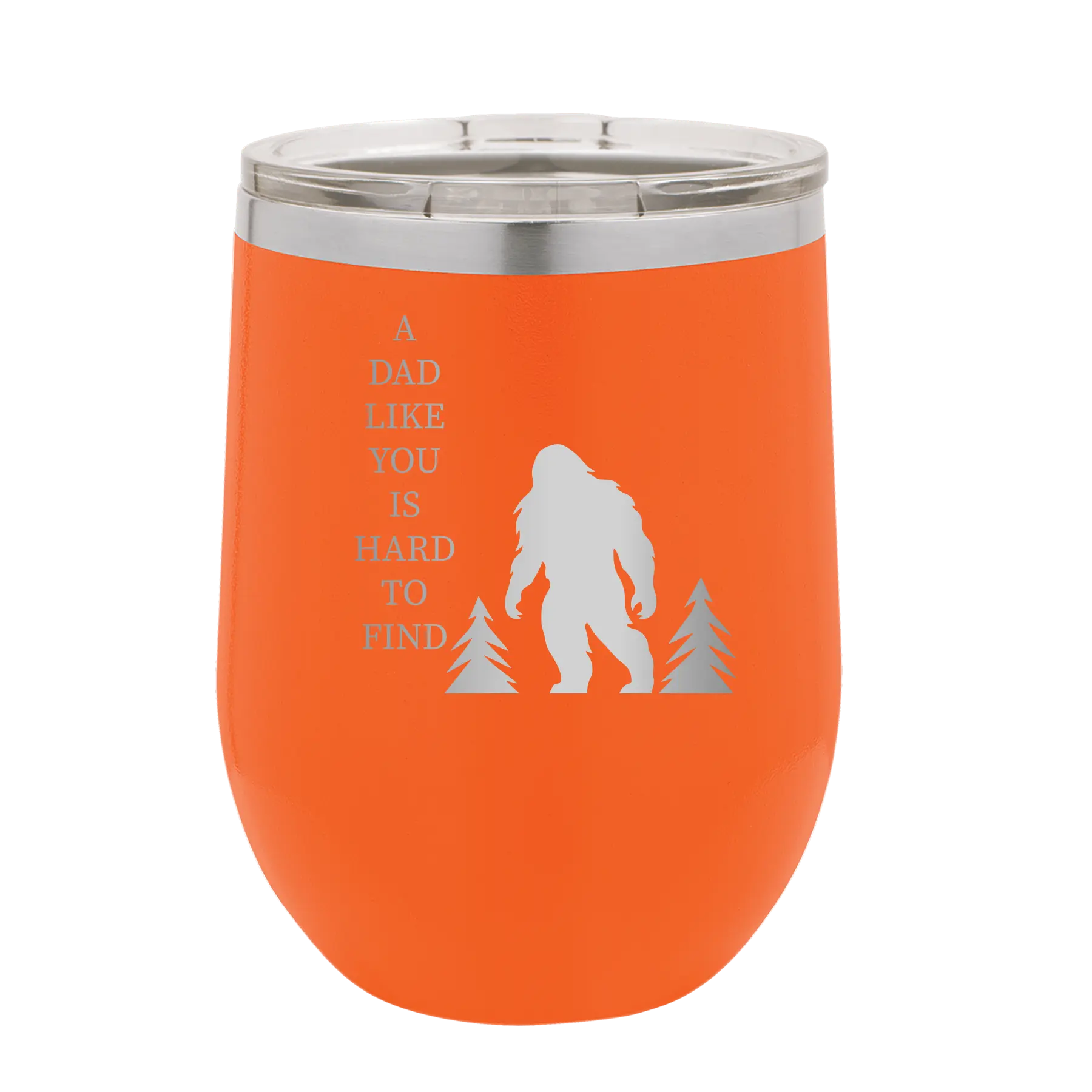 Personalized orange 12 oz vacuum insulated wine cup with etched 'Bigfoot' design