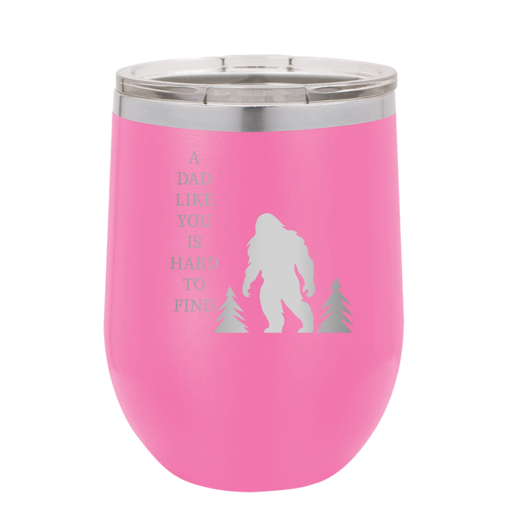 Personalized pink 12 oz vacuum insulated wine cup with etched 'Bigfoot' design