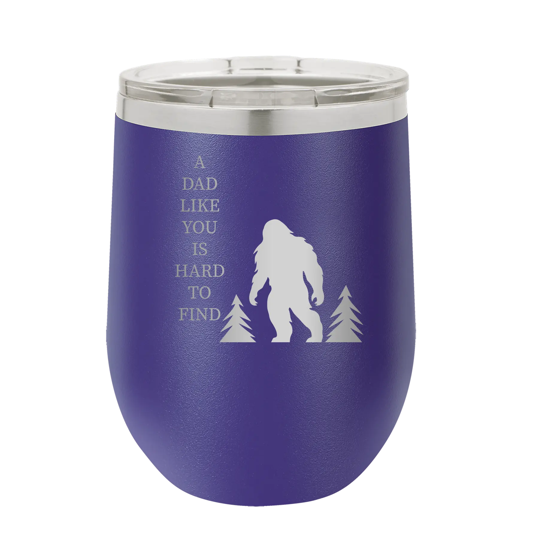 Personalized purple 12 oz vacuum insulated wine cup with etched 'Bigfoot' design