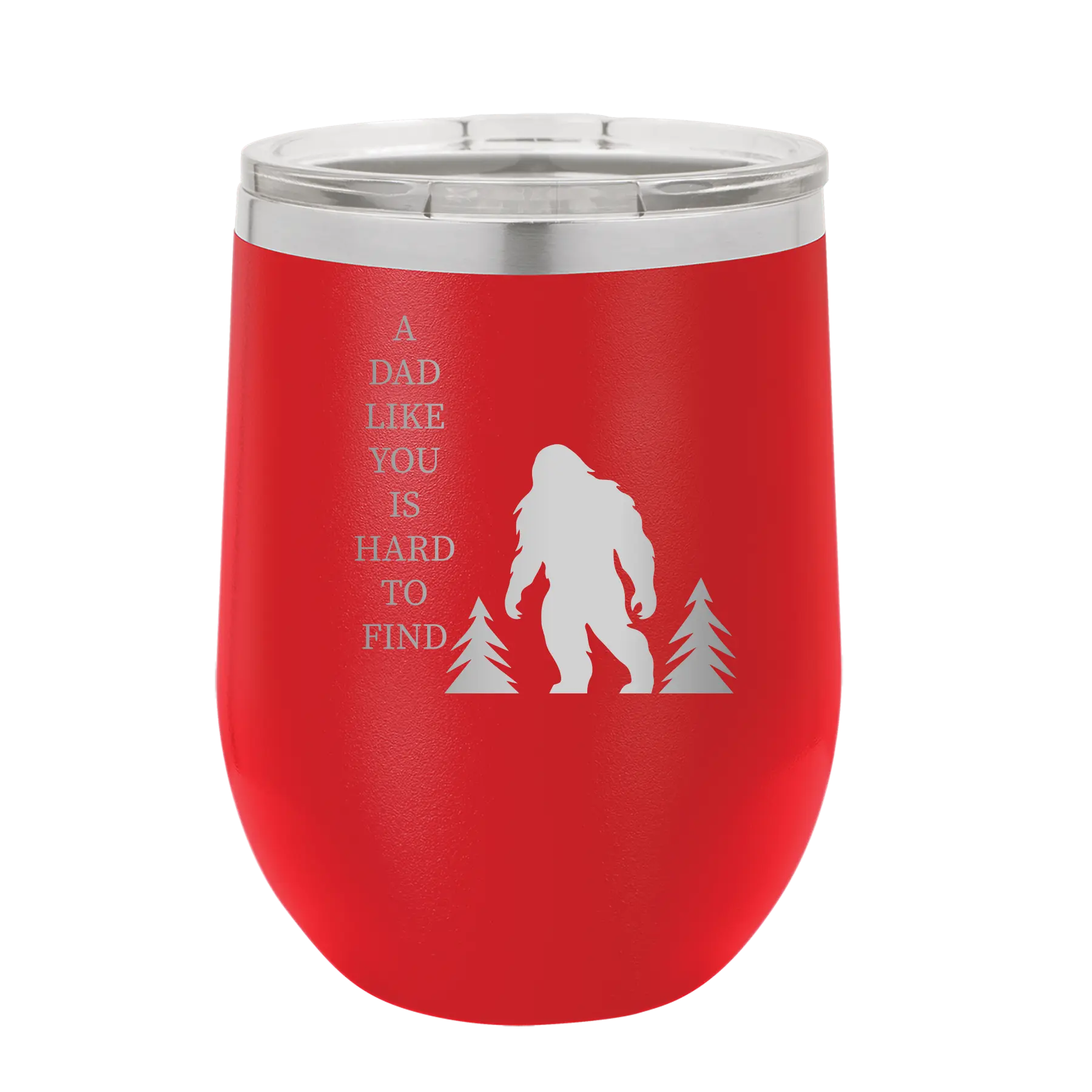 Personalized red 12 oz vacuum insulated wine cup with etched 'Bigfoot' design