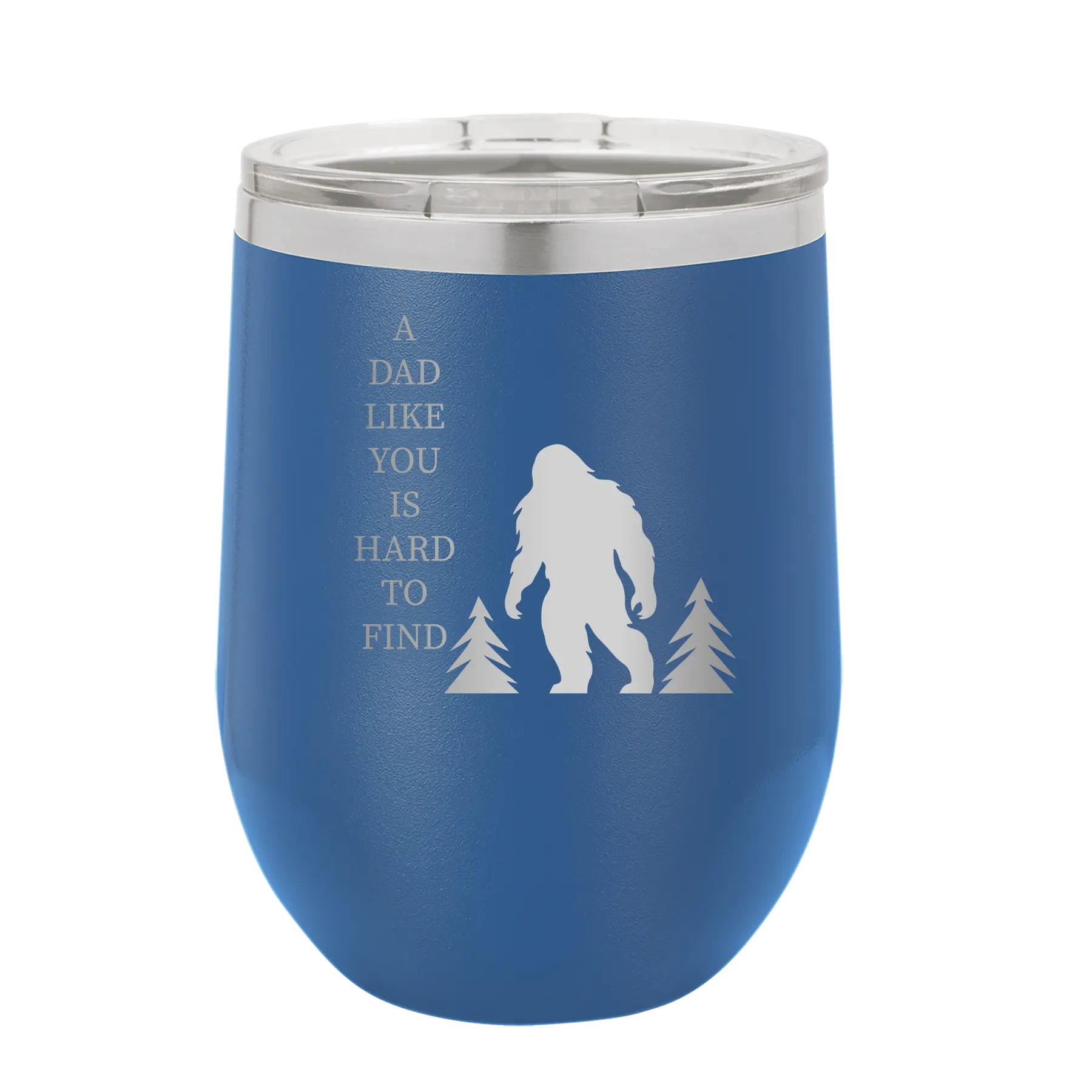 Personalized royal blue 12 oz vacuum insulated wine cup with etched 'Bigfoot' design