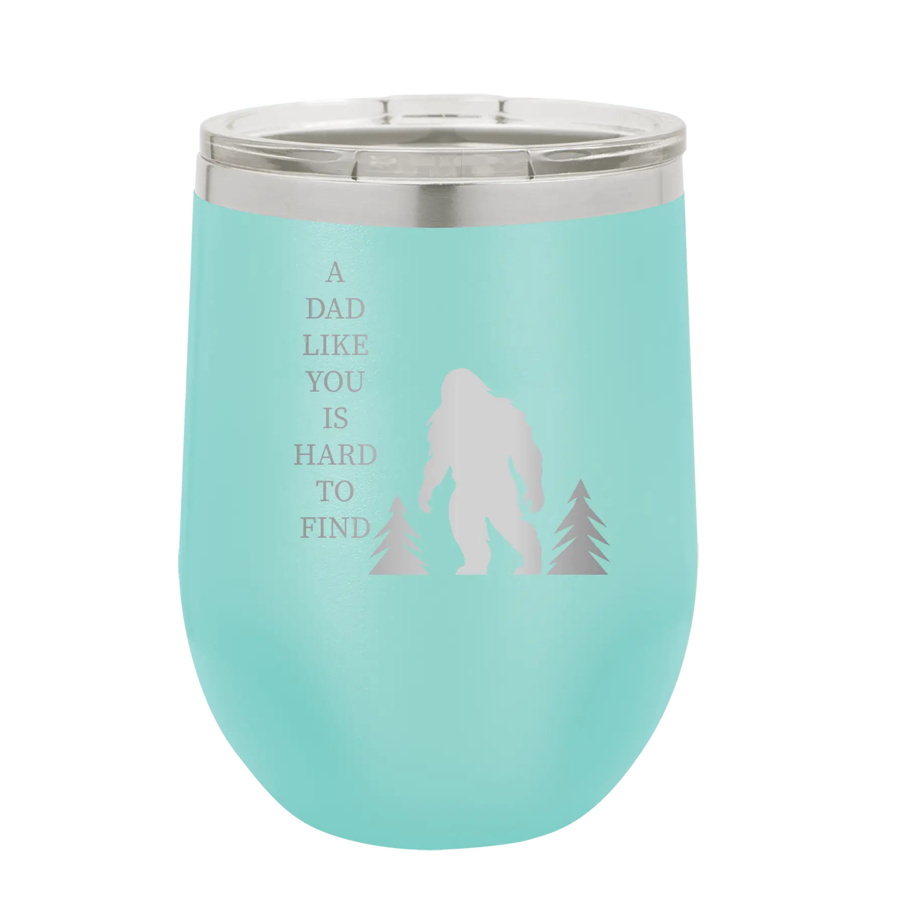 Personalized teal 12 oz vacuum insulated wine cup with etched 'Bigfoot' design