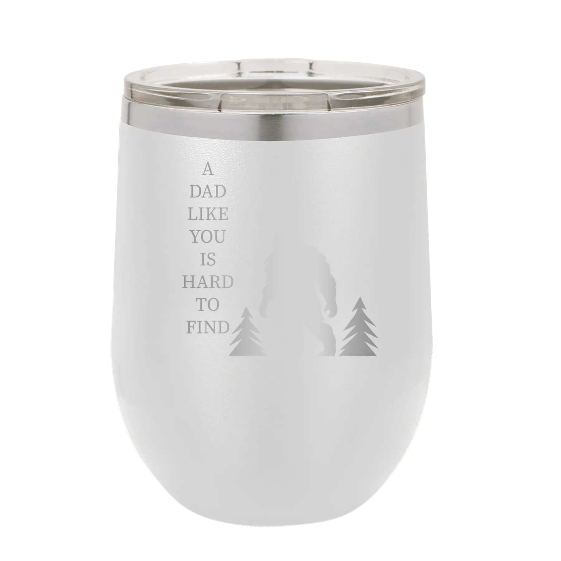 Personalized white 12 oz vacuum insulated wine cup with etched 'Bigfoot' design