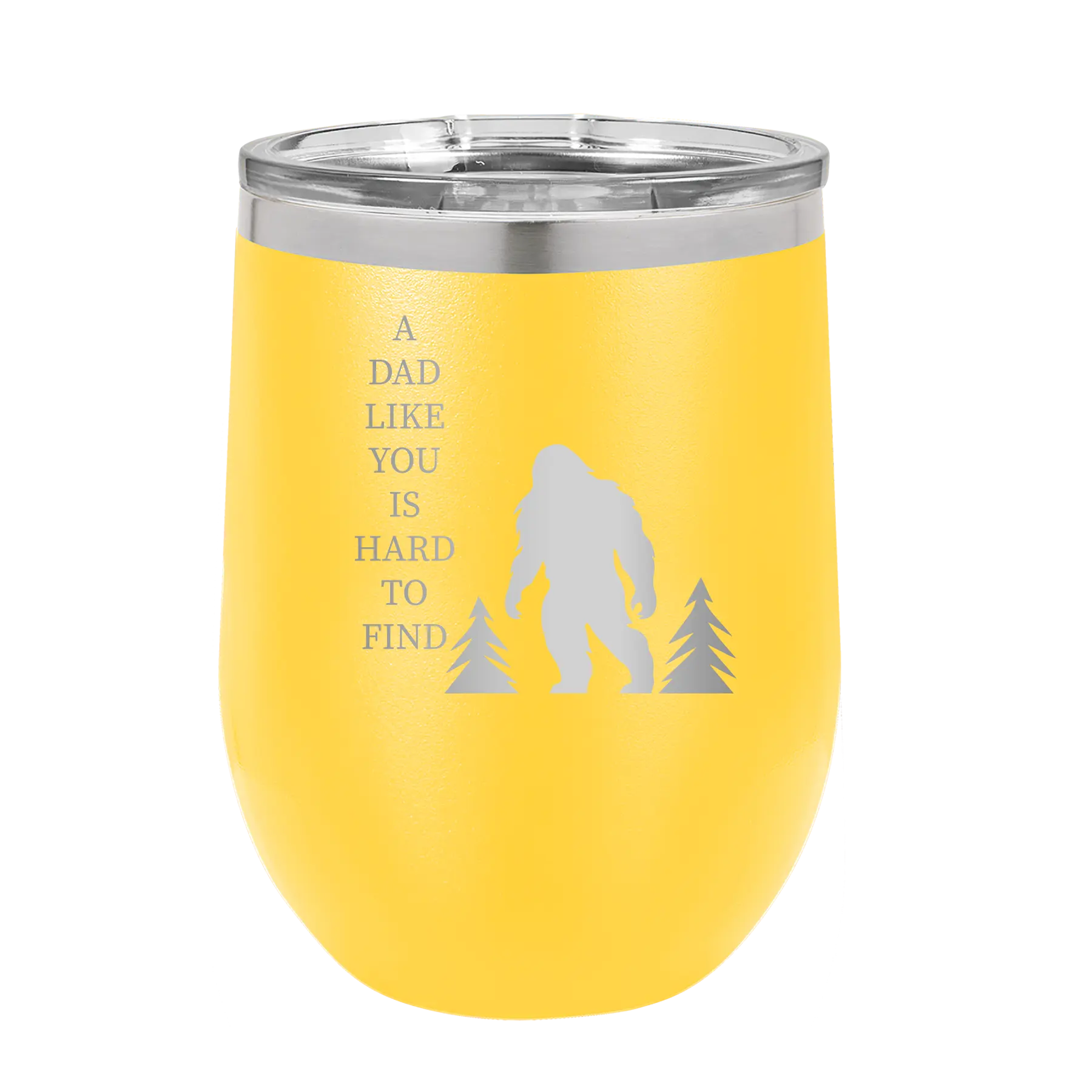 Personalized yellow 12 oz vacuum insulated wine cup with etched 'Bigfoot' design