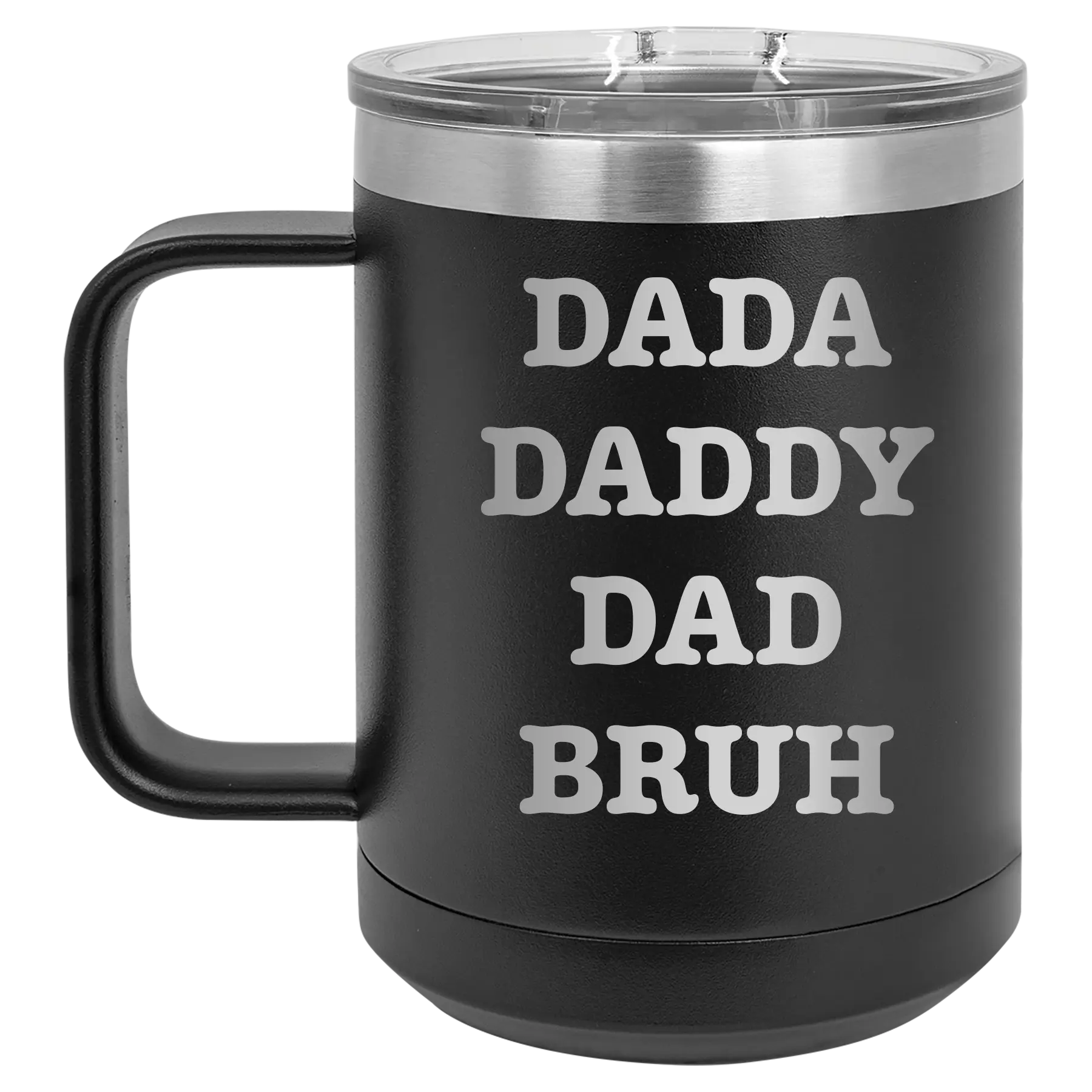 Personalized black 15 oz vacuum insulated coffee mug with etched 'Bruh' design
