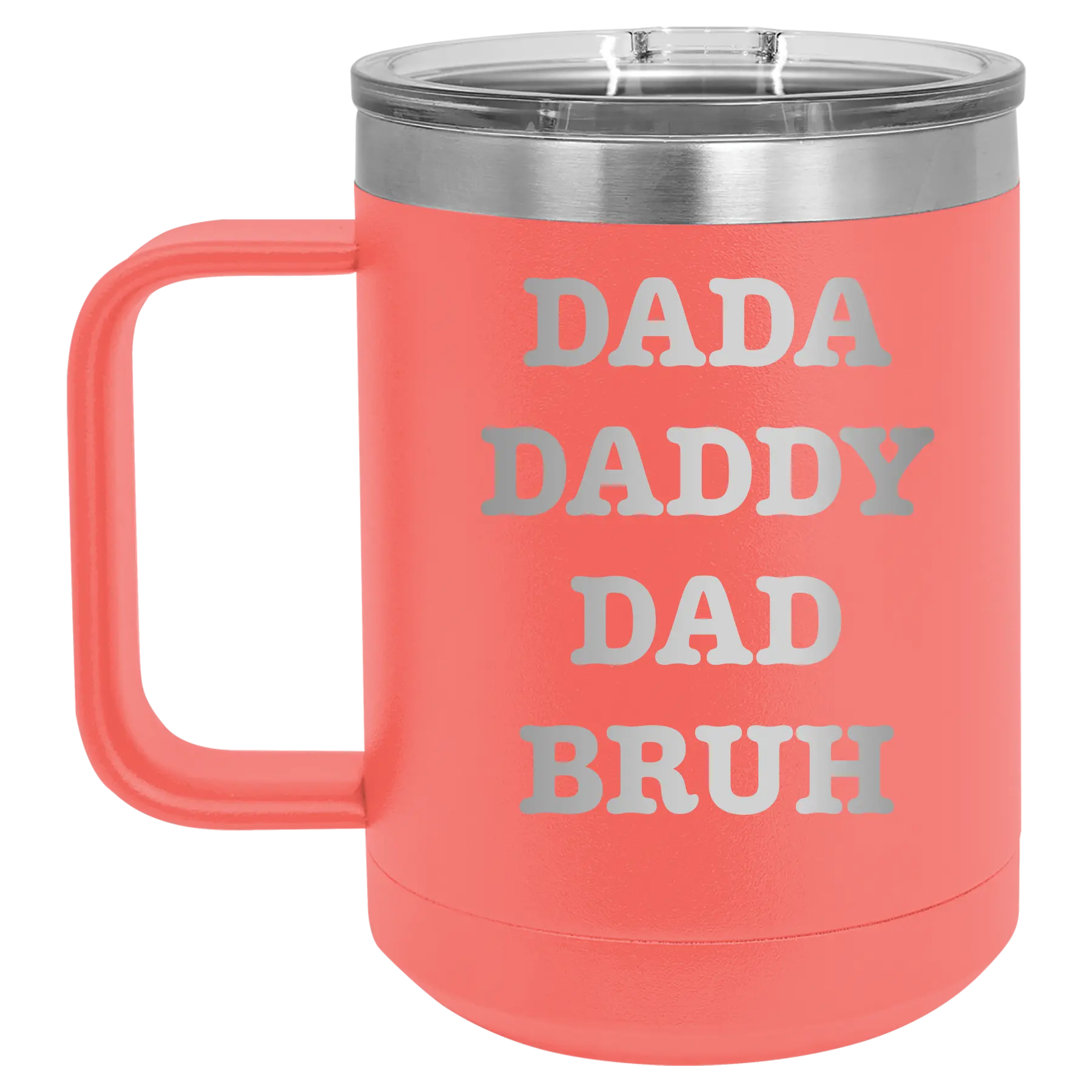 Personalized coral 15 oz vacuum insulated coffee mug with etched 'Bruh' design