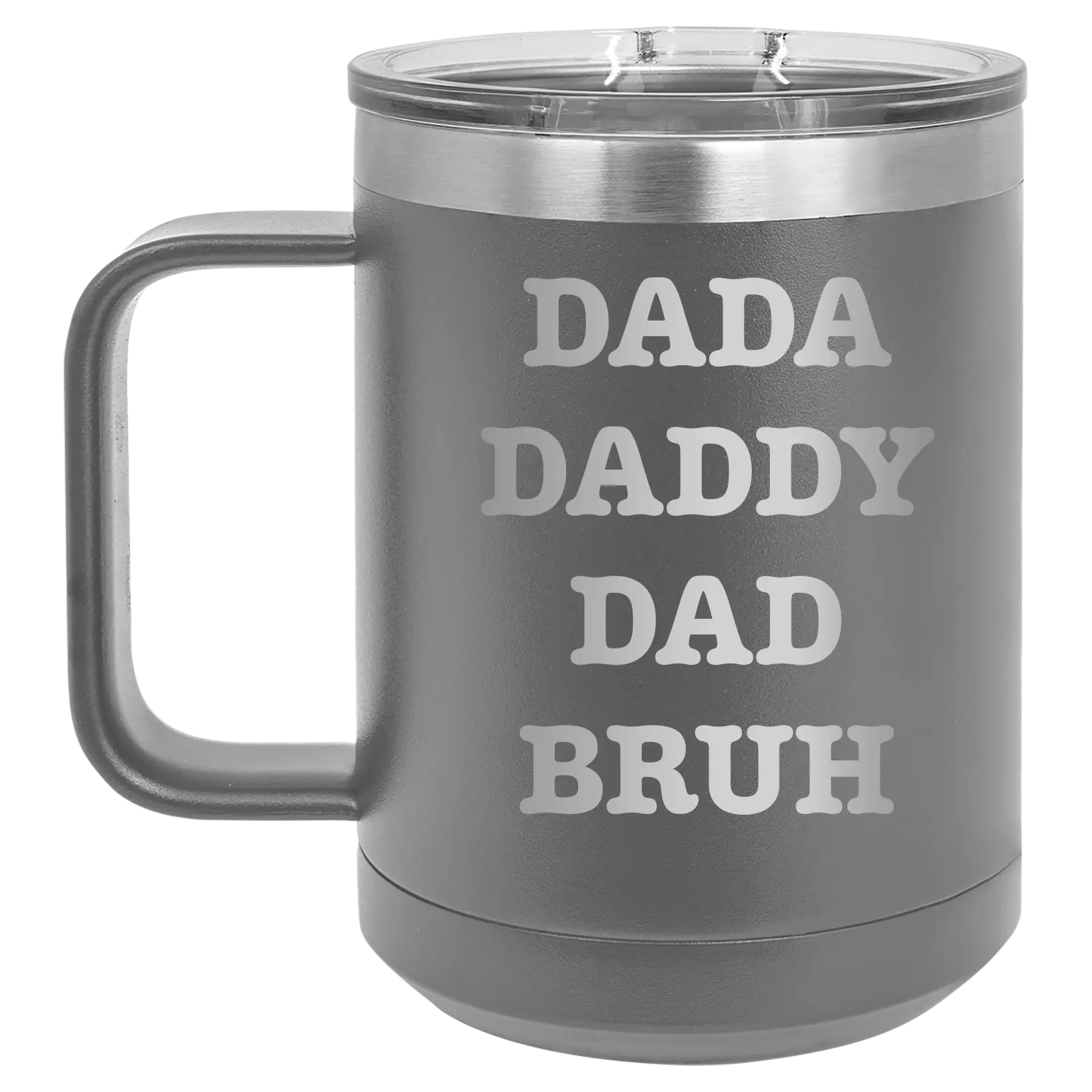 Personalized dark gray 15 oz vacuum insulated coffee mug with etched 'Bruh' design