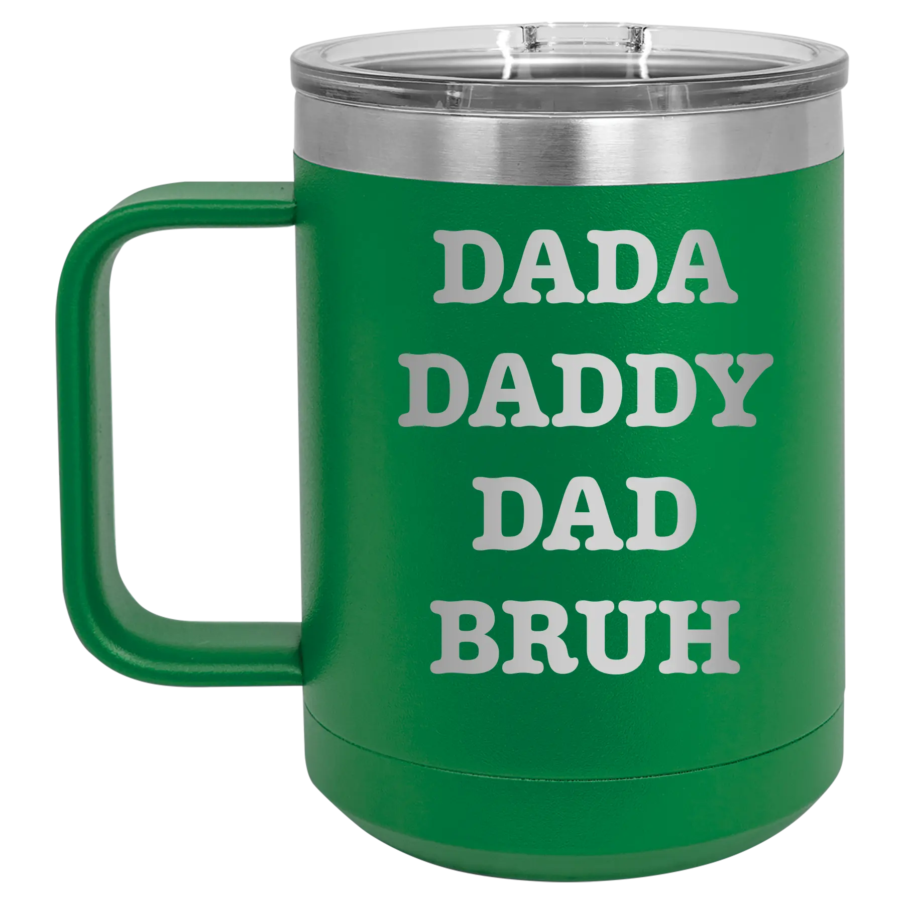 Personalized green 15 oz vacuum insulated coffee mug with etched 'Bruh' design