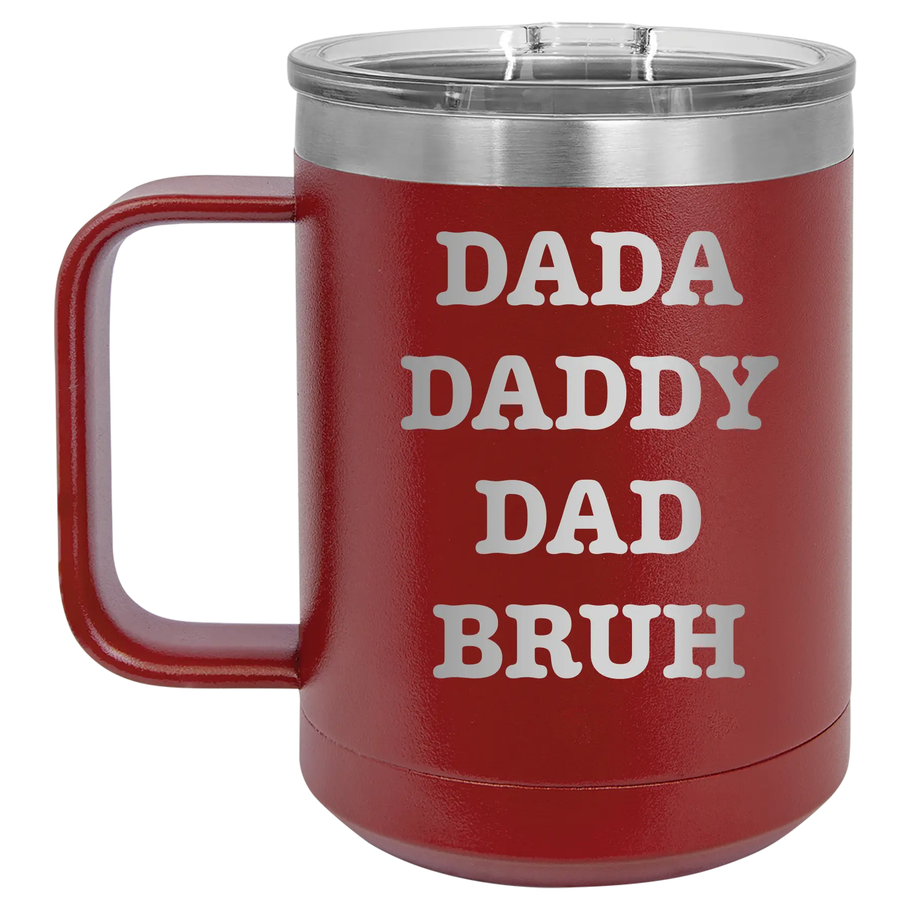 Personalized maroon 15 oz vacuum insulated coffee mug with etched 'Bruh' design