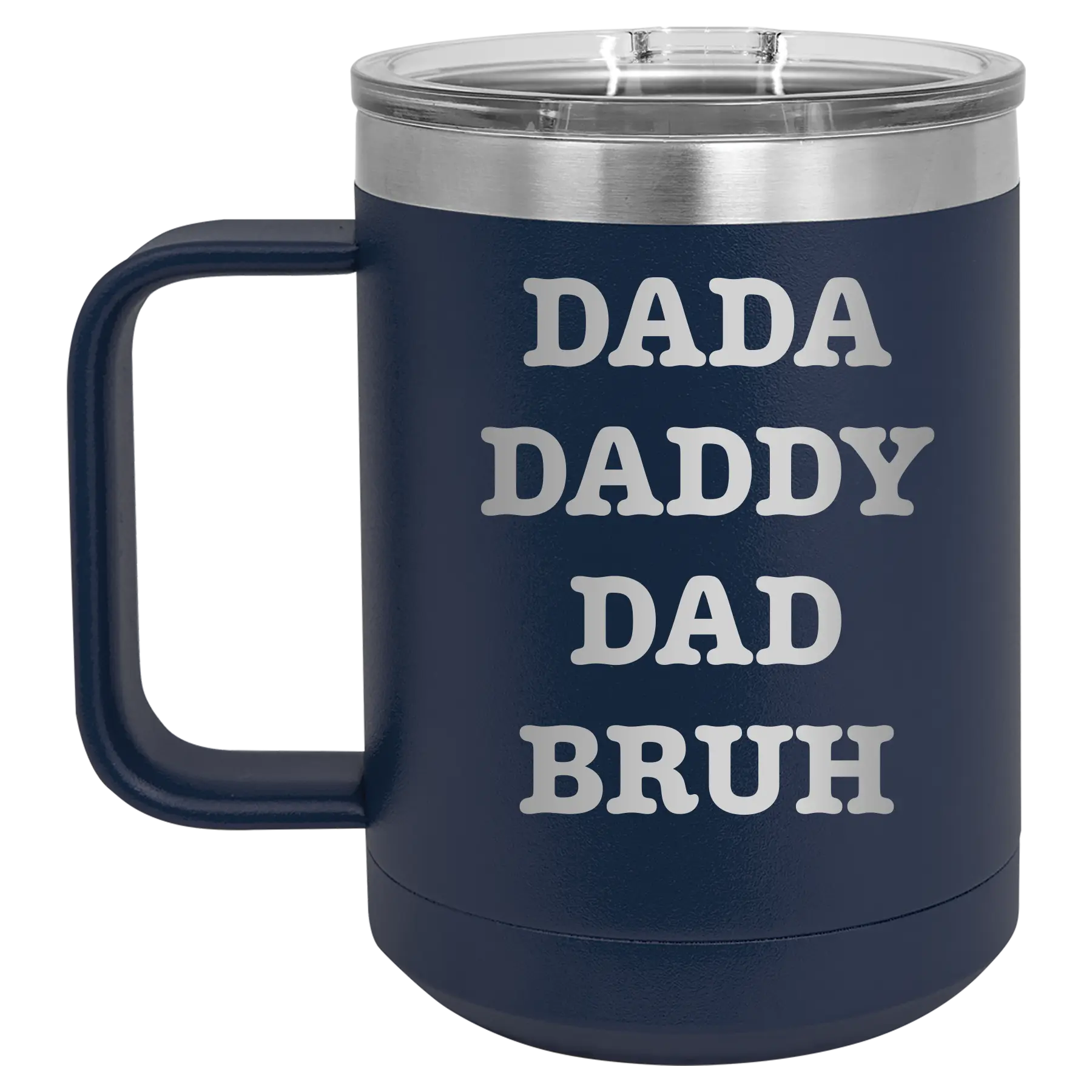 Personalized navy 15 oz vacuum insulated coffee mug with etched 'Bruh' design