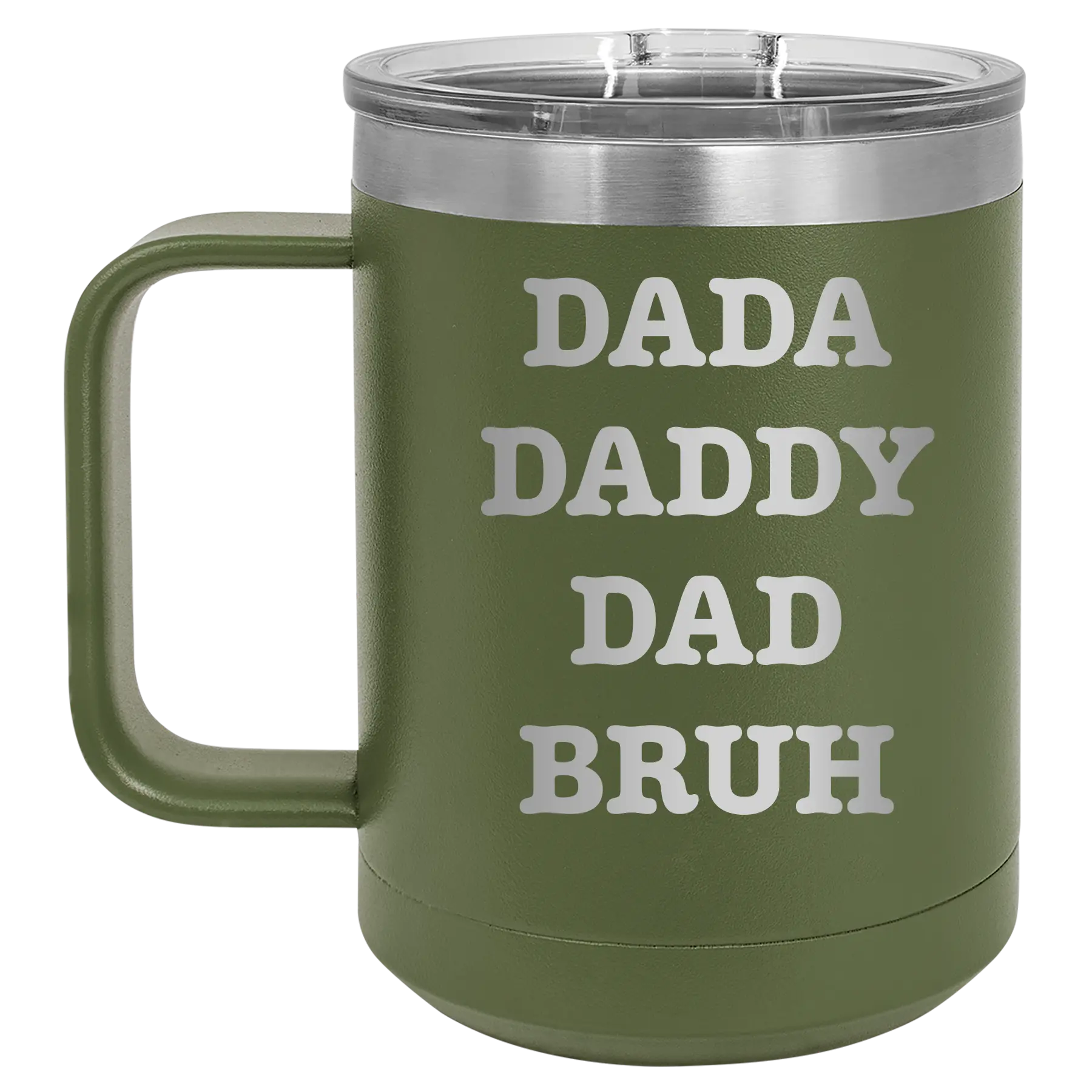 Personalized olive green 15 oz vacuum insulated coffee mug with etched 'Bruh' design