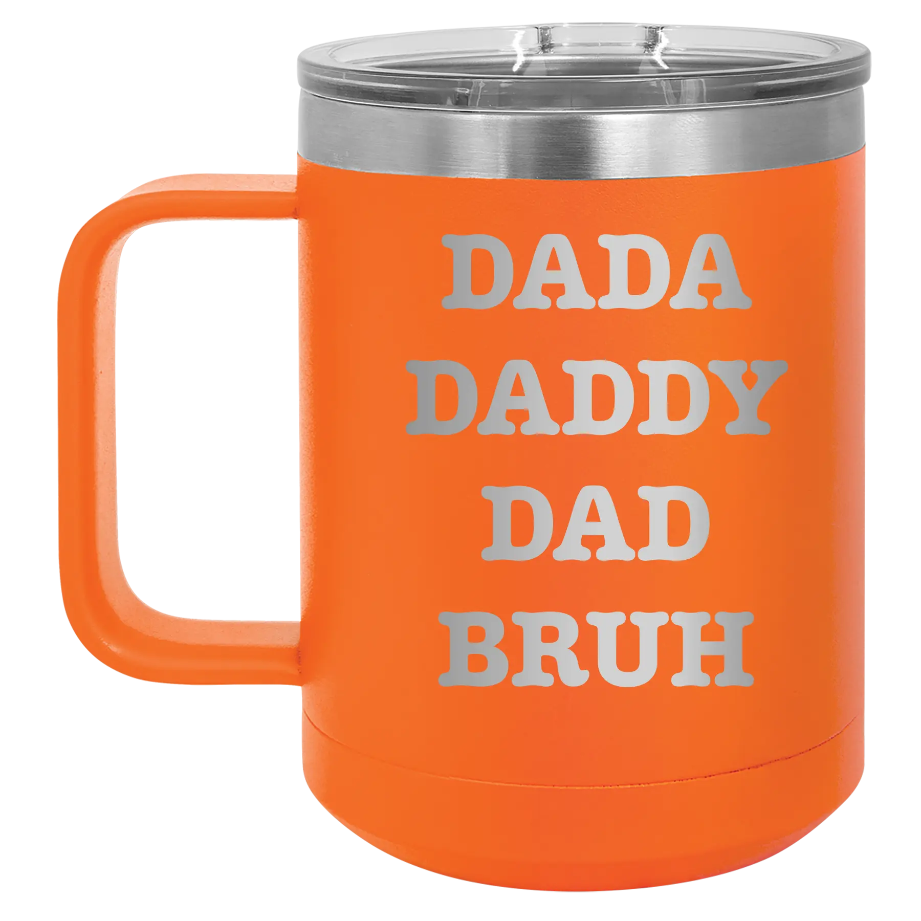 Personalized orange 15 oz vacuum insulated coffee mug with etched 'Bruh' design