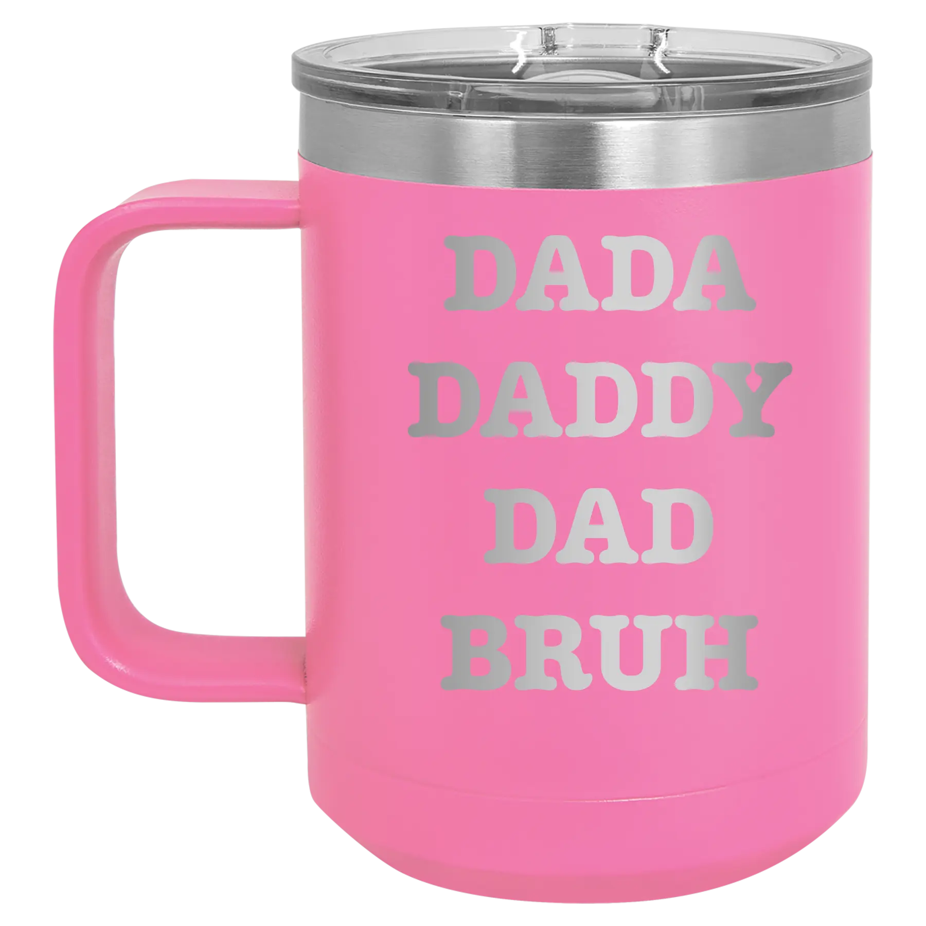 Personalized pink 15 oz vacuum insulated coffee mug with etched 'Bruh' design