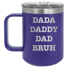 Personalized purple 15 oz vacuum insulated coffee mug with etched 'Bruh' design