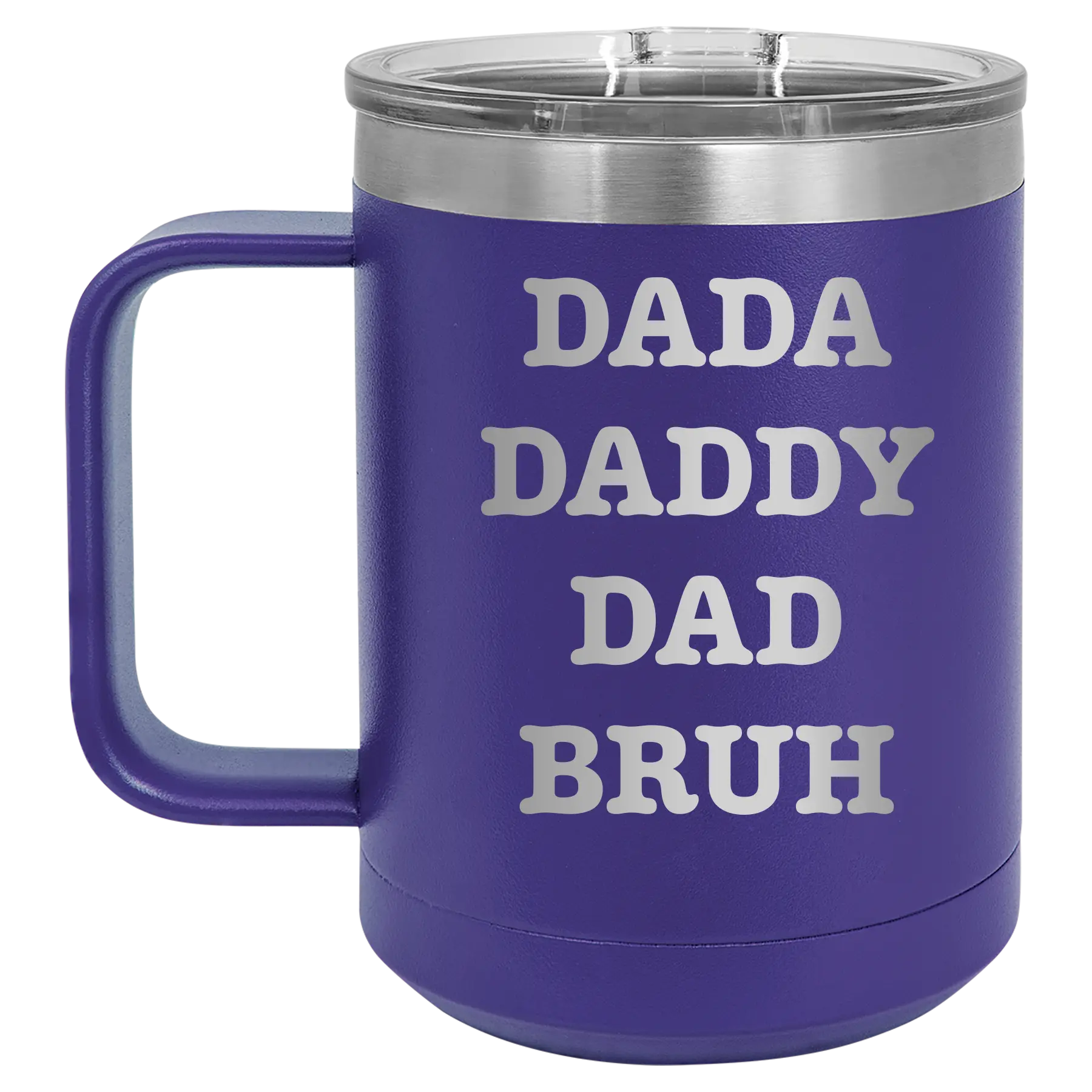 Personalized purple 15 oz vacuum insulated coffee mug with etched 'Bruh' design