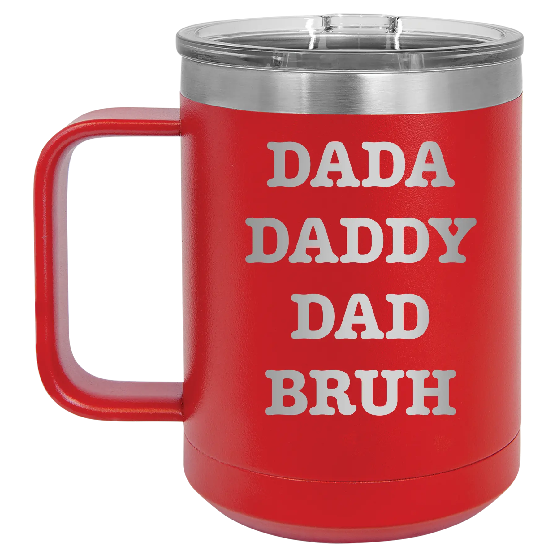 Personalized red 15 oz vacuum insulated coffee mug with etched 'Bruh' design