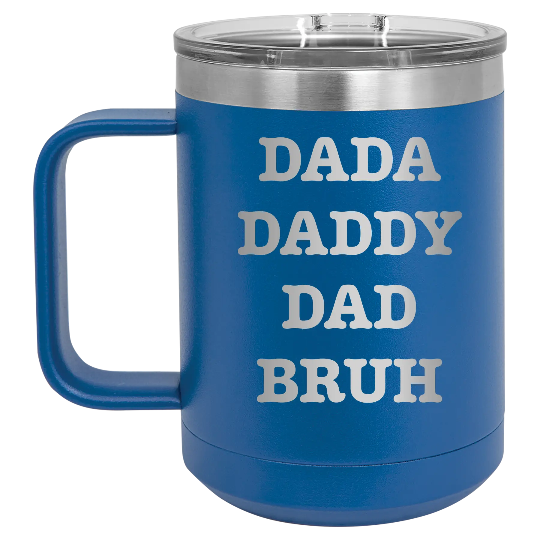 Personalized royal blue 15 oz vacuum insulated coffee mug with etched 'Bruh' design