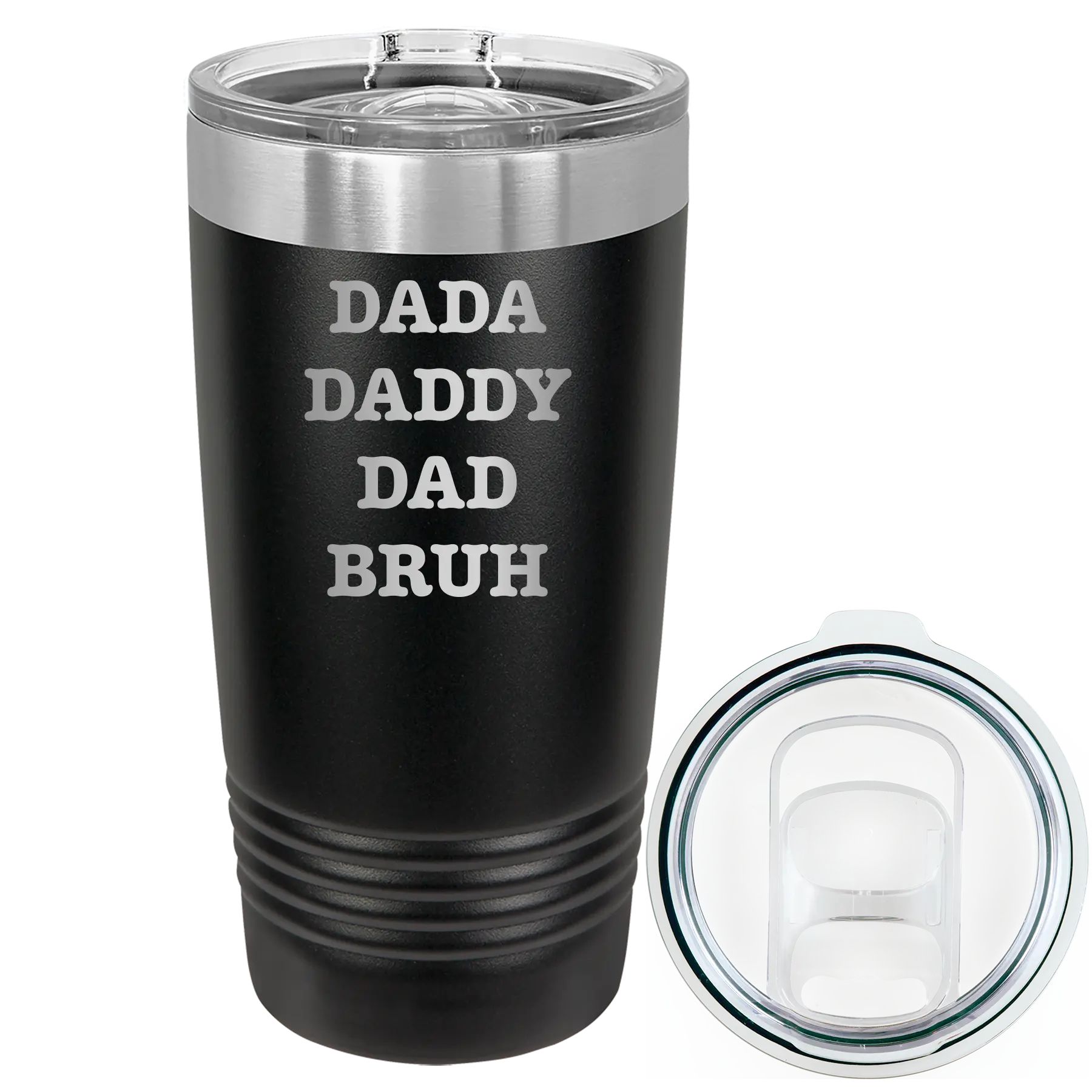 Laser etched black 20 oz vacuum insulated tumbler with 'Bruh' design