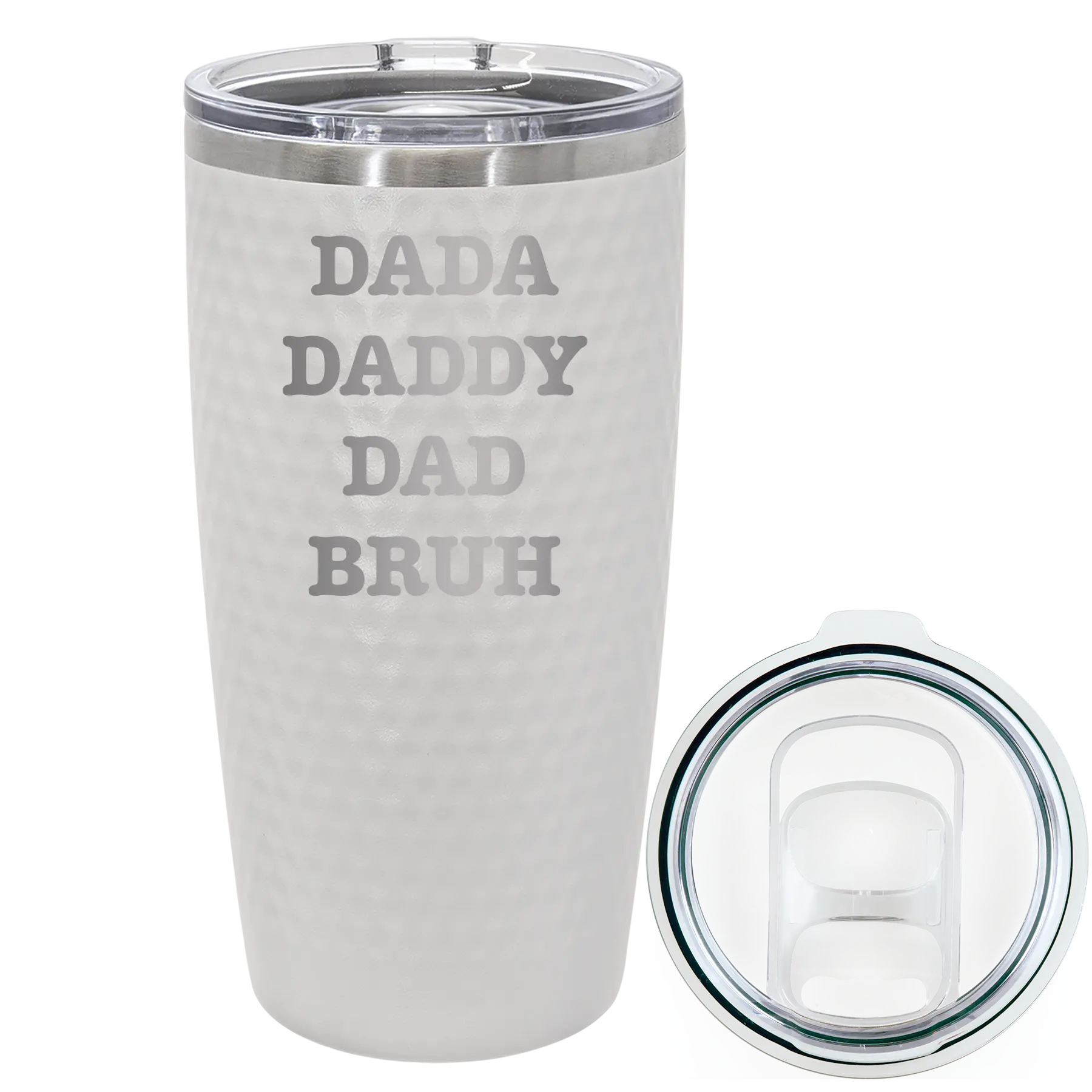 Laser etched white 20 oz golf dimples tumbler with 'Bruh' design