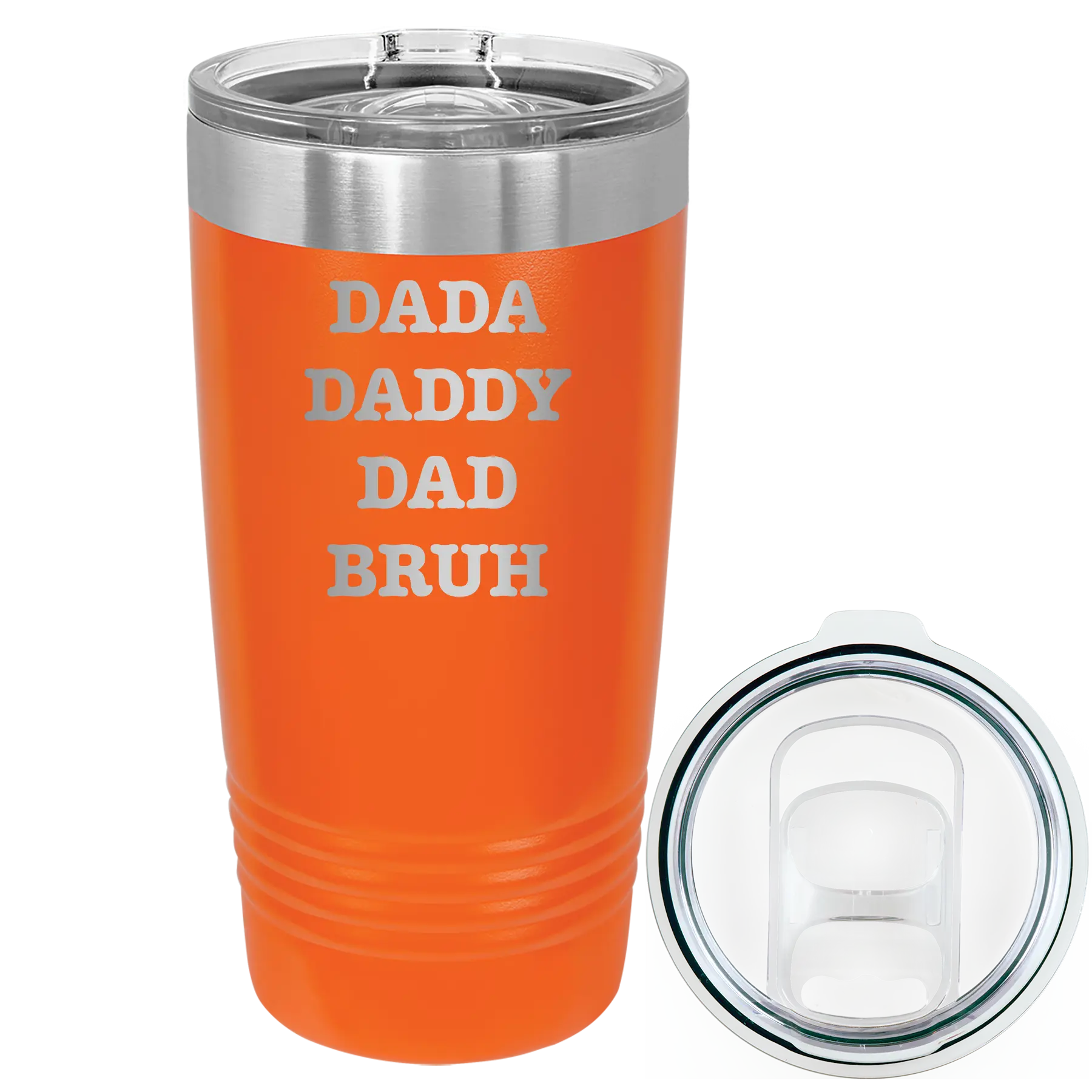 Laser etched orange 20 oz vacuum insulated tumbler with 'Bruh' design