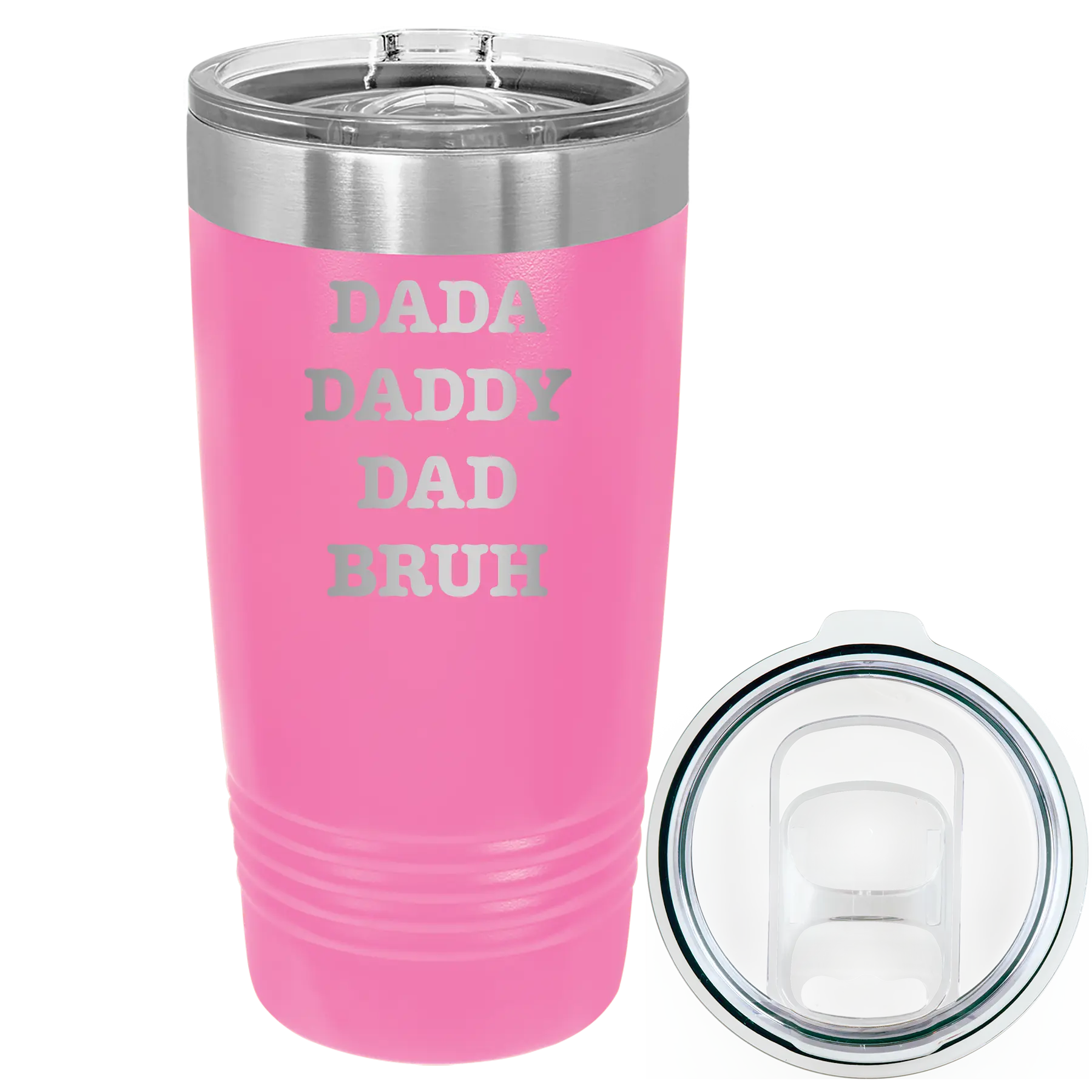Laser etched pink 20 oz vacuum insulated tumbler with 'Bruh' design