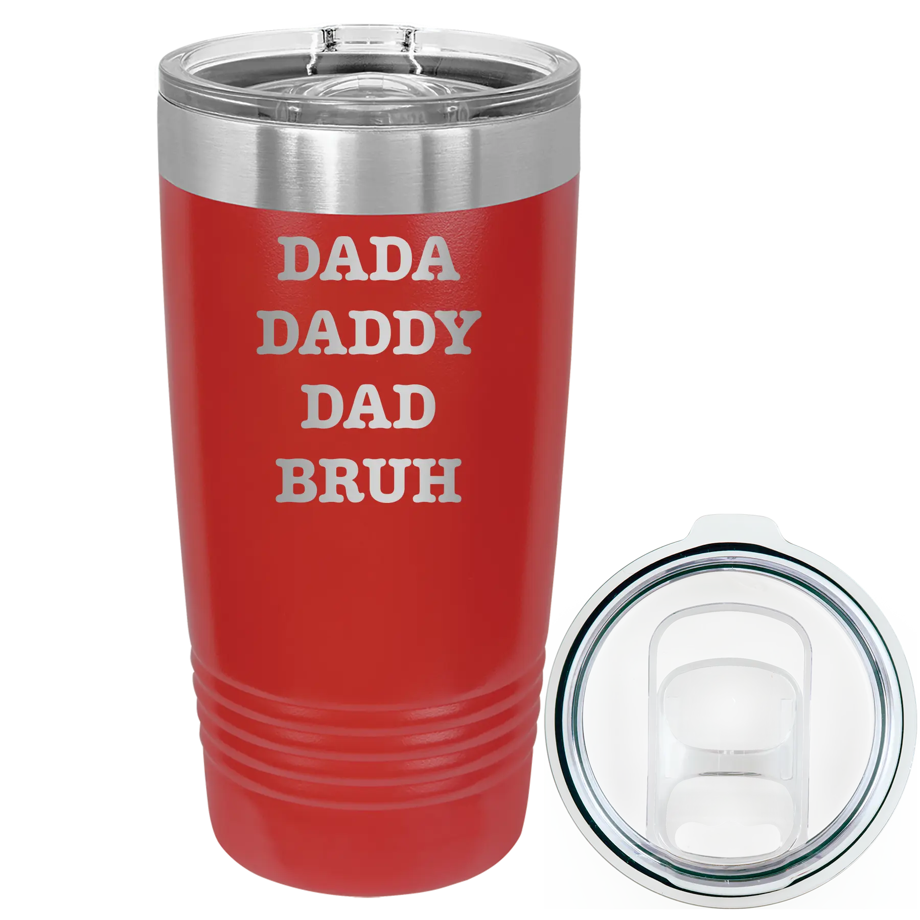 Laser etched red 20 oz vacuum insulated tumbler with 'Bruh' design