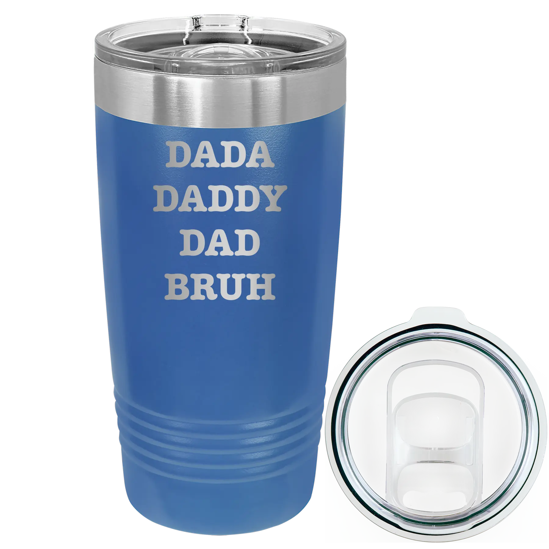 Laser etched royal blue 20 oz vacuum insulated tumbler with 'Bruh' design