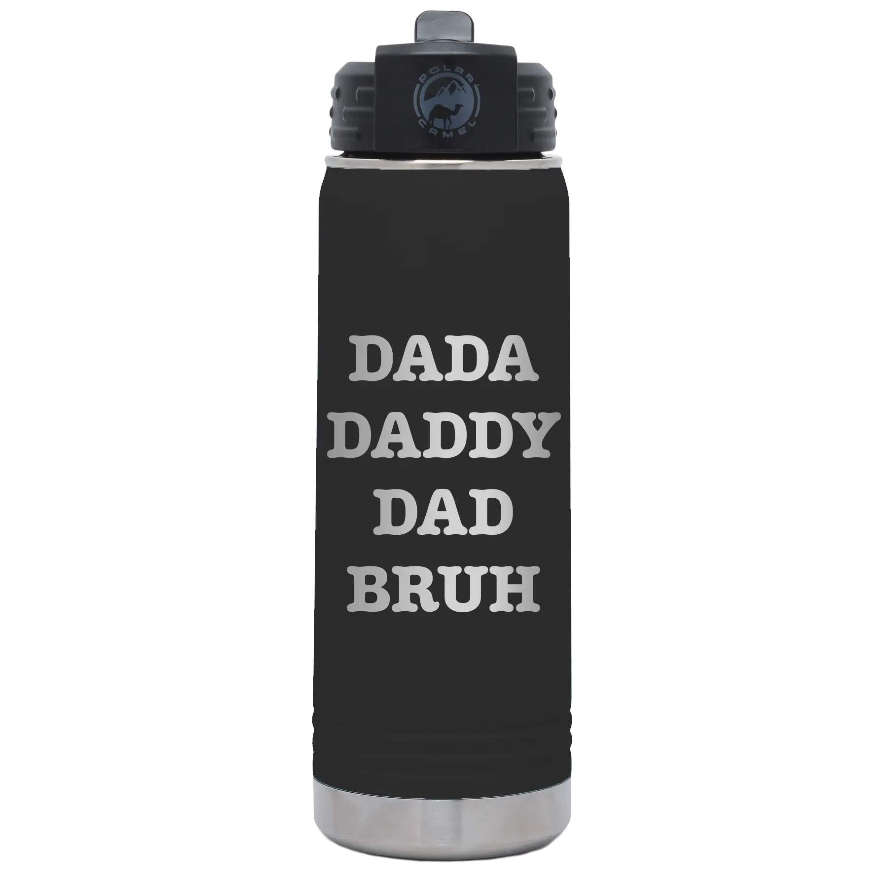 Laser etched black 20 oz vacuum insulated water bottle with 'Bruh' design