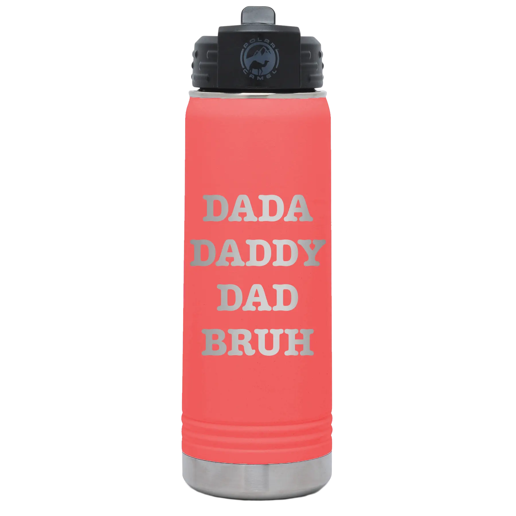Laser etched coral 20 oz vacuum insulated water bottle with 'Bruh' design