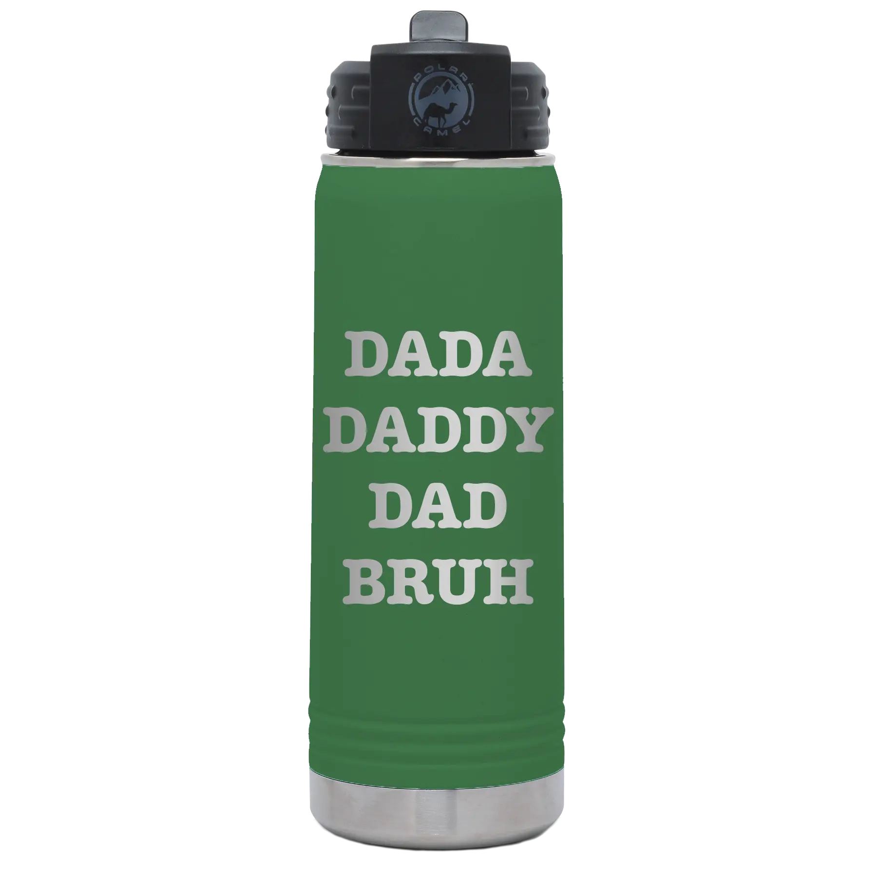 Laser etched green 20 oz vacuum insulated water bottle with 'Bruh' design